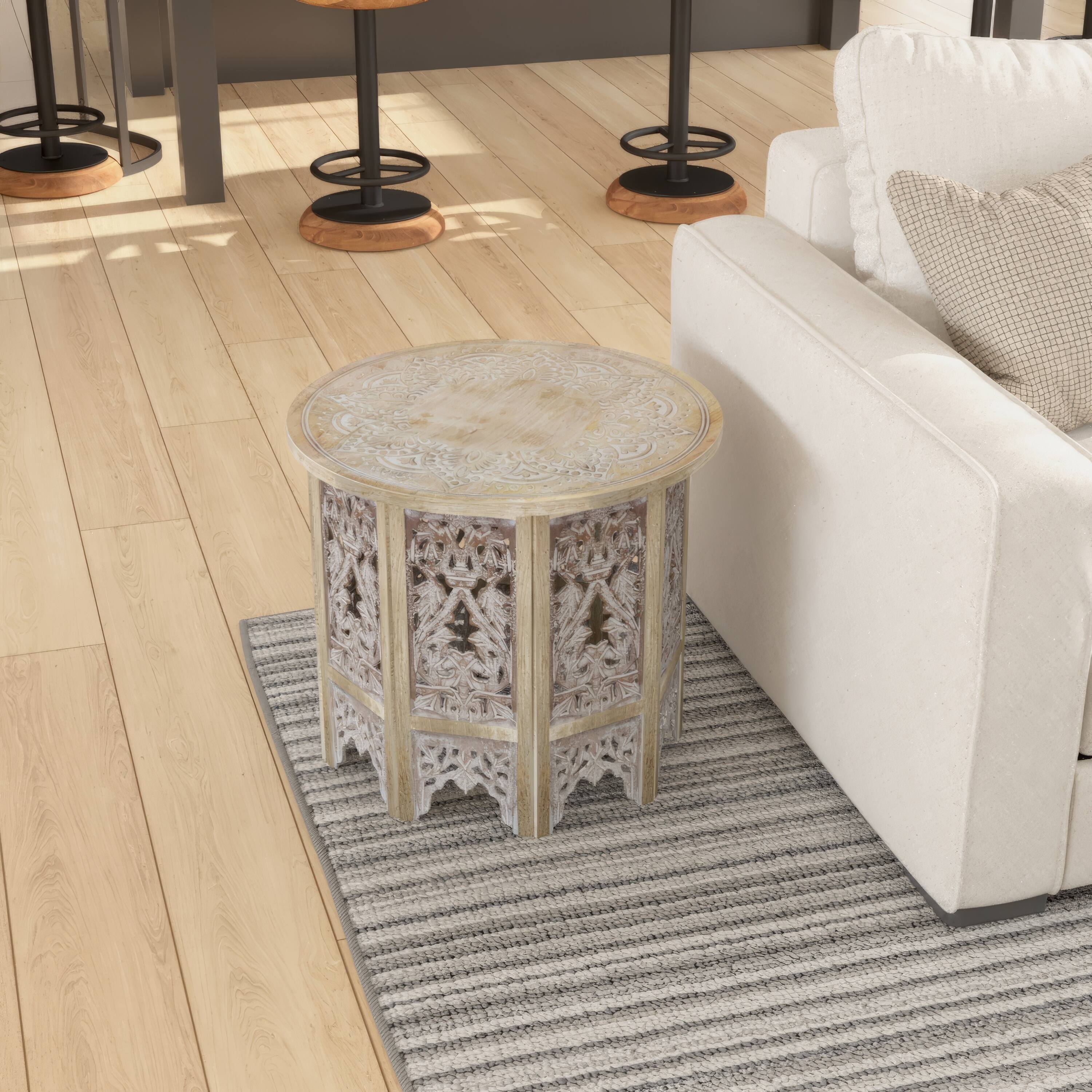 Alt View 7. Manhattan Lane - Accent Side Table, 24 Inch Round Top, Mango Wood Floral Cut Out Carved Motifs - Natural Brown, Washed White.