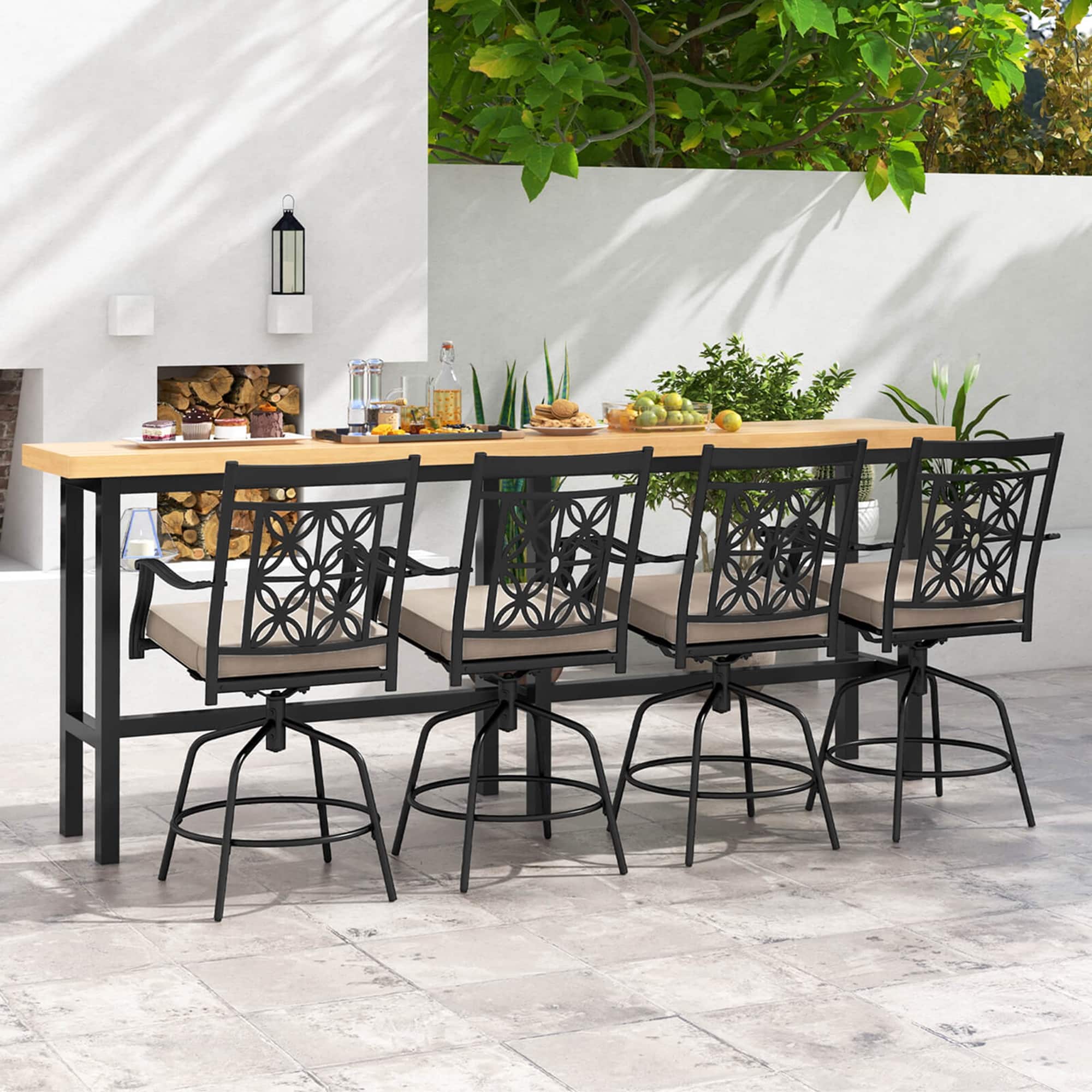 Costway - Outdoor 360°Swivel Bar Stools Set of 4 with Seat Cushions High Back & Armrests - Brown,Black