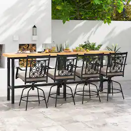 Costway - Outdoor 360°Swivel Bar Stools Set of 4 with Seat Cushions High Back & Armrests - Brown,Black