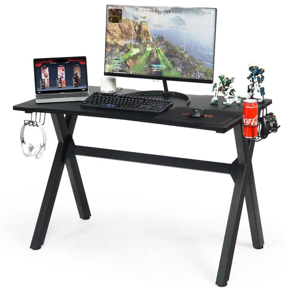 Pefilos - Ergonomic Gaming Desk with Mousepad & Cup Headphone Holder, Office Desk, Gaming Computer Desks for Study,Working,Writing - Black