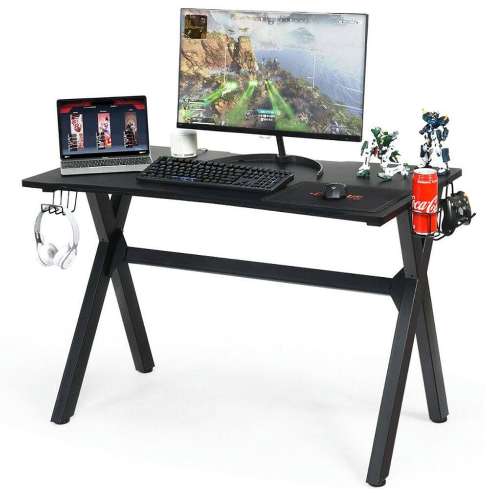 Front. Pefilos - Ergonomic Gaming Desk with Mousepad & Cup Headphone Holder, Office Desk, Gaming Computer Desks for Study,Working,Writing - Black.