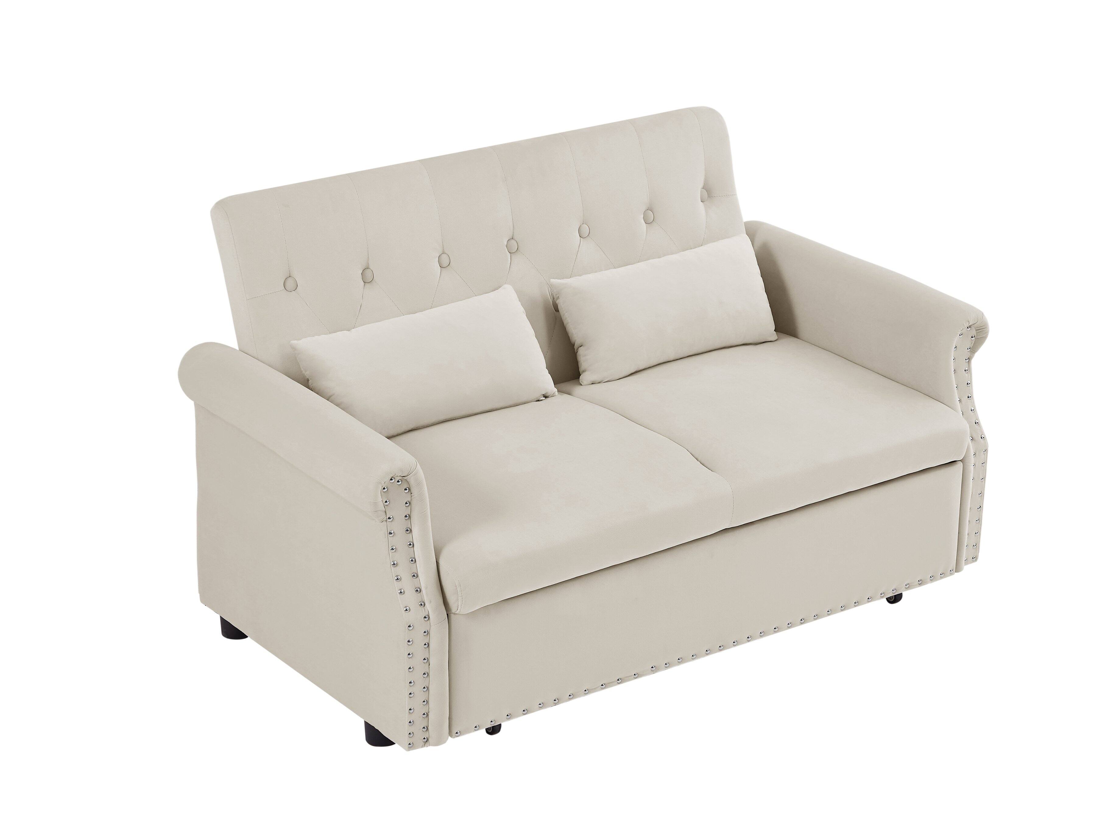 Alt View 7. Tiramisubest - Modern Velvet Convertible Loveseat Sleeper Sofa with 2 Lumbar Pillows,Adjustable Pull-Out Bed,Removable Armrest,Beige - Beige.