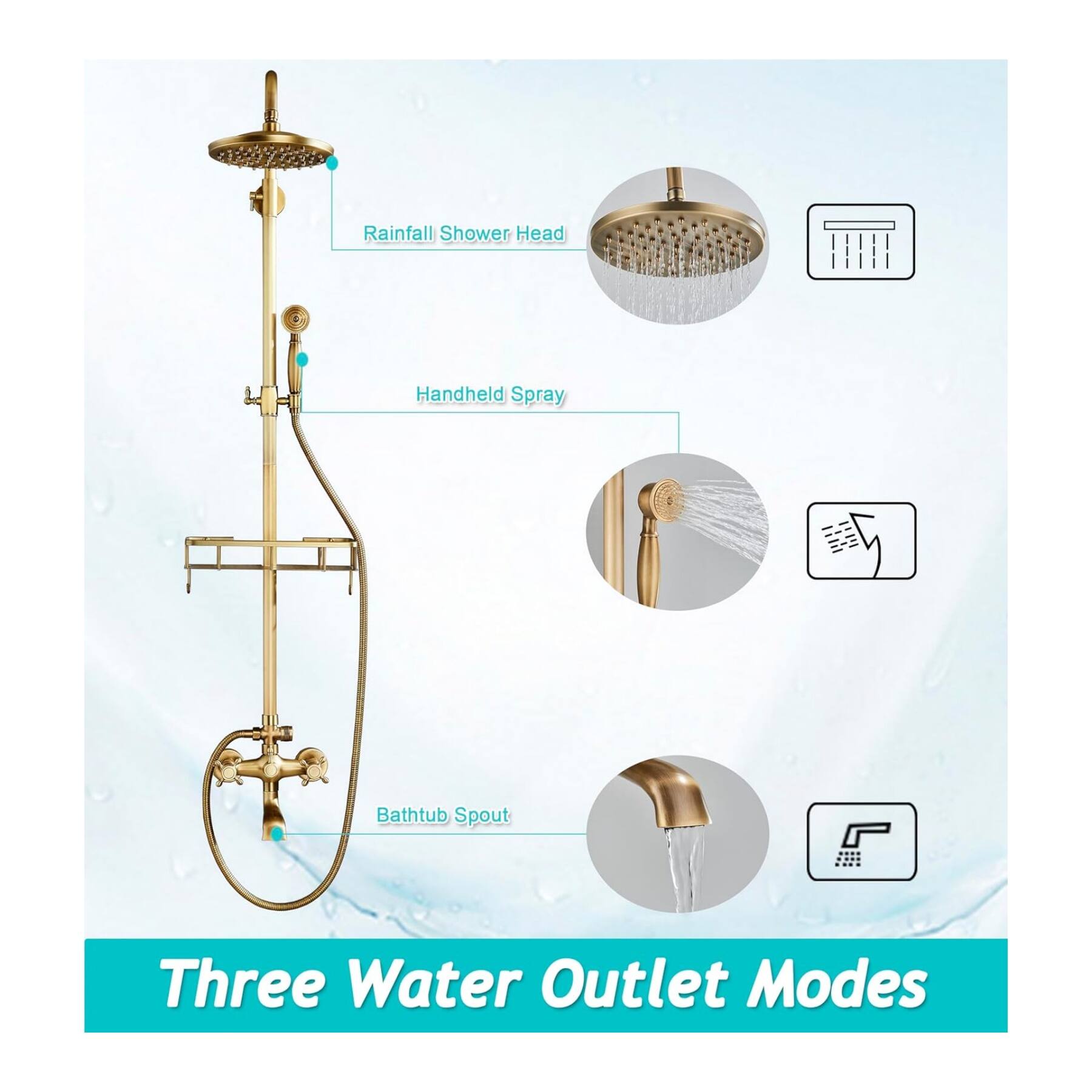 Rainfall Shower Head  
Handheld Spray  
Bathtub Spout  
Three Water Outlet Modes