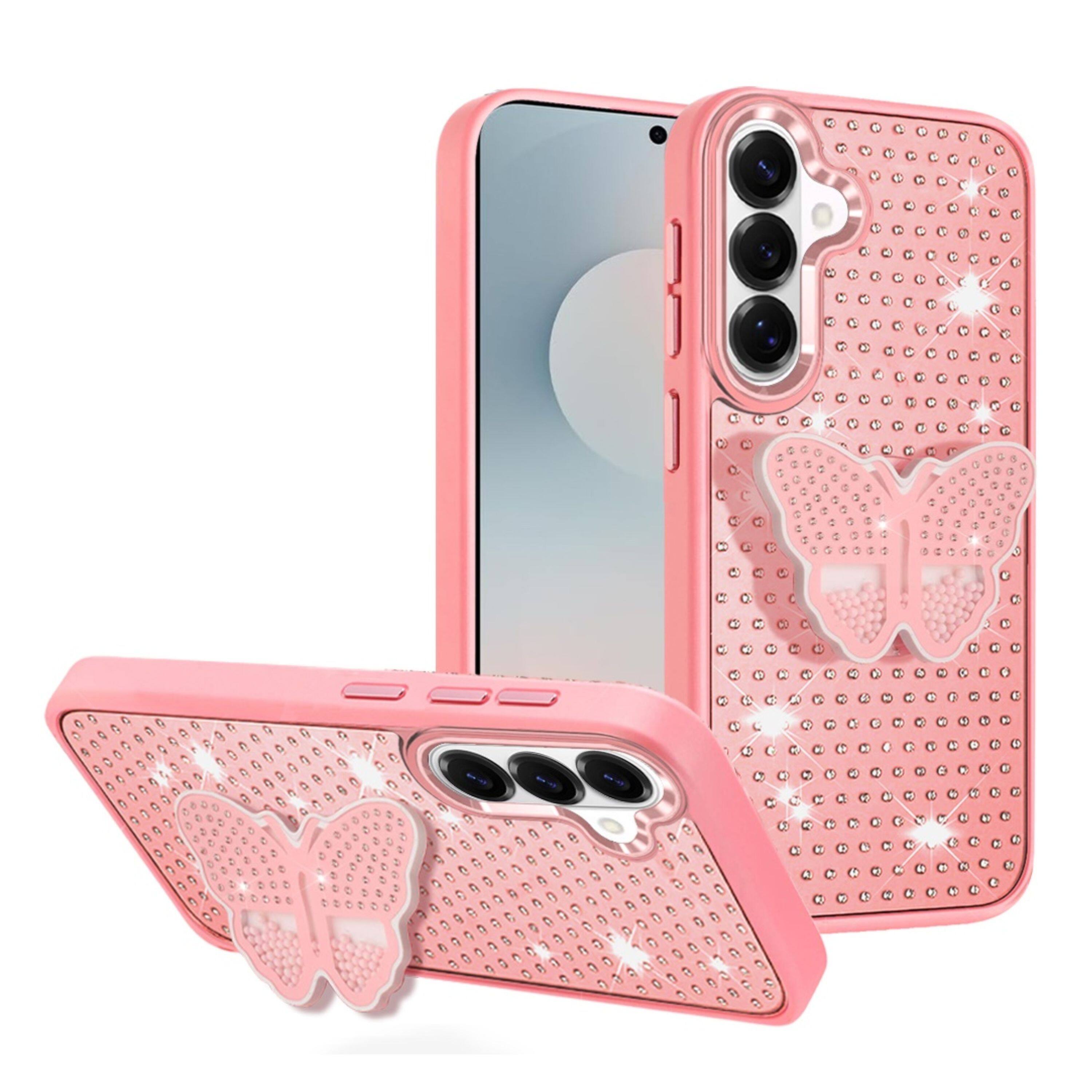 Angle. Kitcheniva - Faux Crystals Butterfly Grip Stand Design With Tempered Glass For Samsung Galaxy S26+ Pink - Pink.