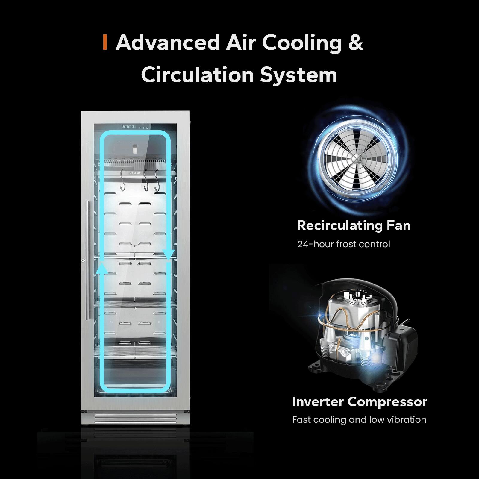 I Advanced Air Cooling & Circulation System

Recirculating Fan  
24-hour frost control

Inverter Compressor  
Fast cooling and low vibration