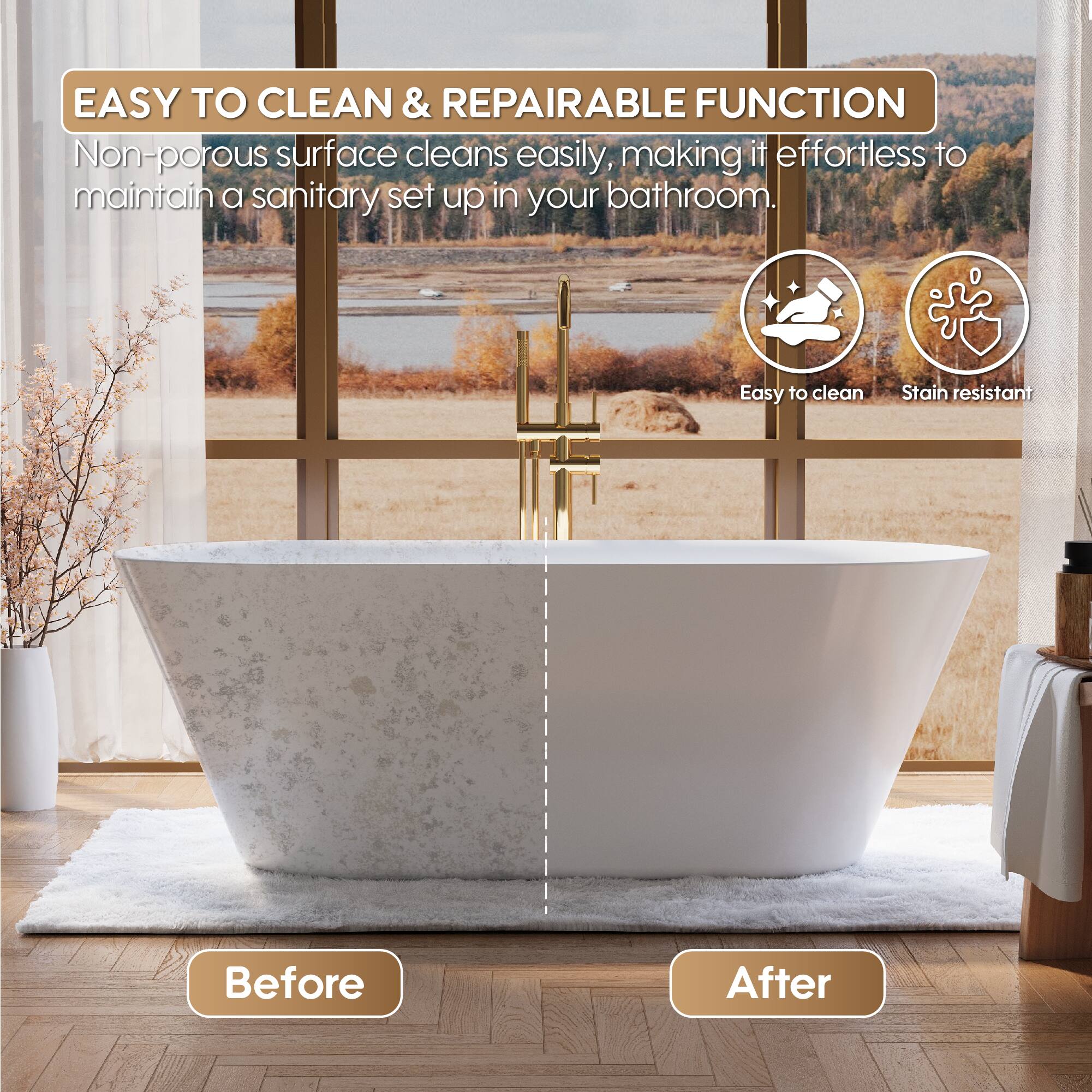 EASY TO CLEAN & REPAIRABLE FUNCTION

Non-porous surface cleans easily, making it effortless to maintain a sanitary set up in your bathroom.

Easy to clean
Stain resistant

Before
After