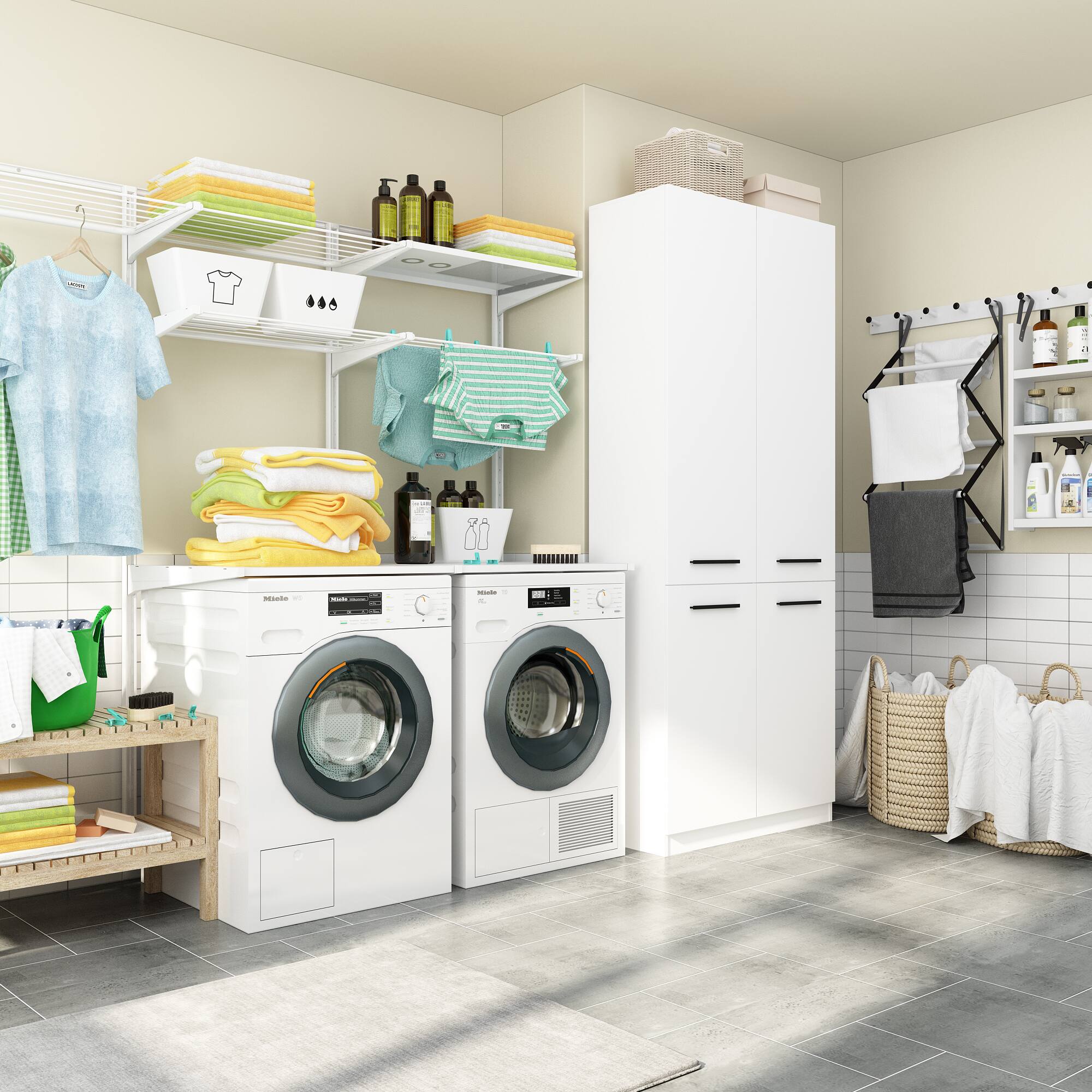 Alt View 8. FUFU & GAGA - Bathroom Storage Cabinet with Hidden Laundry Baskets – 78.7" Organizer Unit, Fixed Shelves, Flip‑Out Metal Hampers - White.