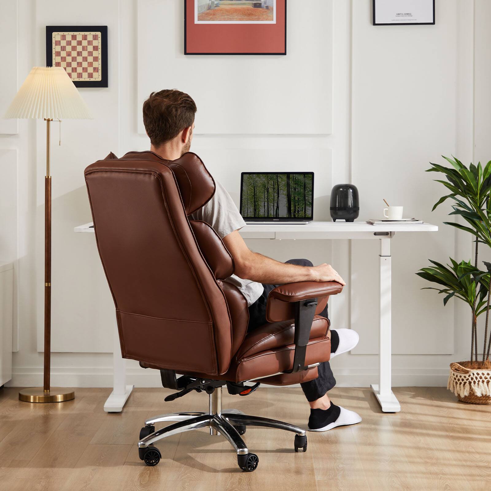 Angle. AENKYO - Home Office Desk Chair Ergonomic Chair with Footrest & Lumbar Support, Reclining Height Adjustable with Swivel Wheels - Brown.