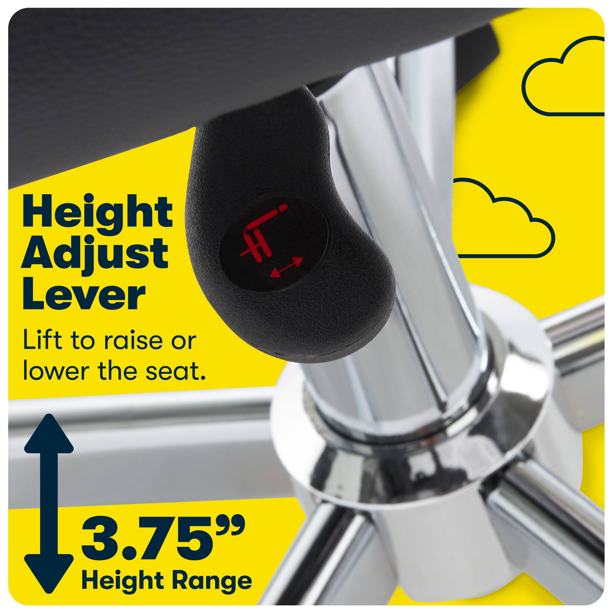 The image features a close-up view of a car seat with a height adjustment lever. The text on the image reads "Height Adjust H Lever Lift to raise or lower the seat. 3.75" Height Range." This indicates that the car seat has a height adjustment feature, allowing the driver to raise or lower the seat by using the lever. The height range is 3.75 inches, providing flexibility for the driver to find a comfortable position while driving.