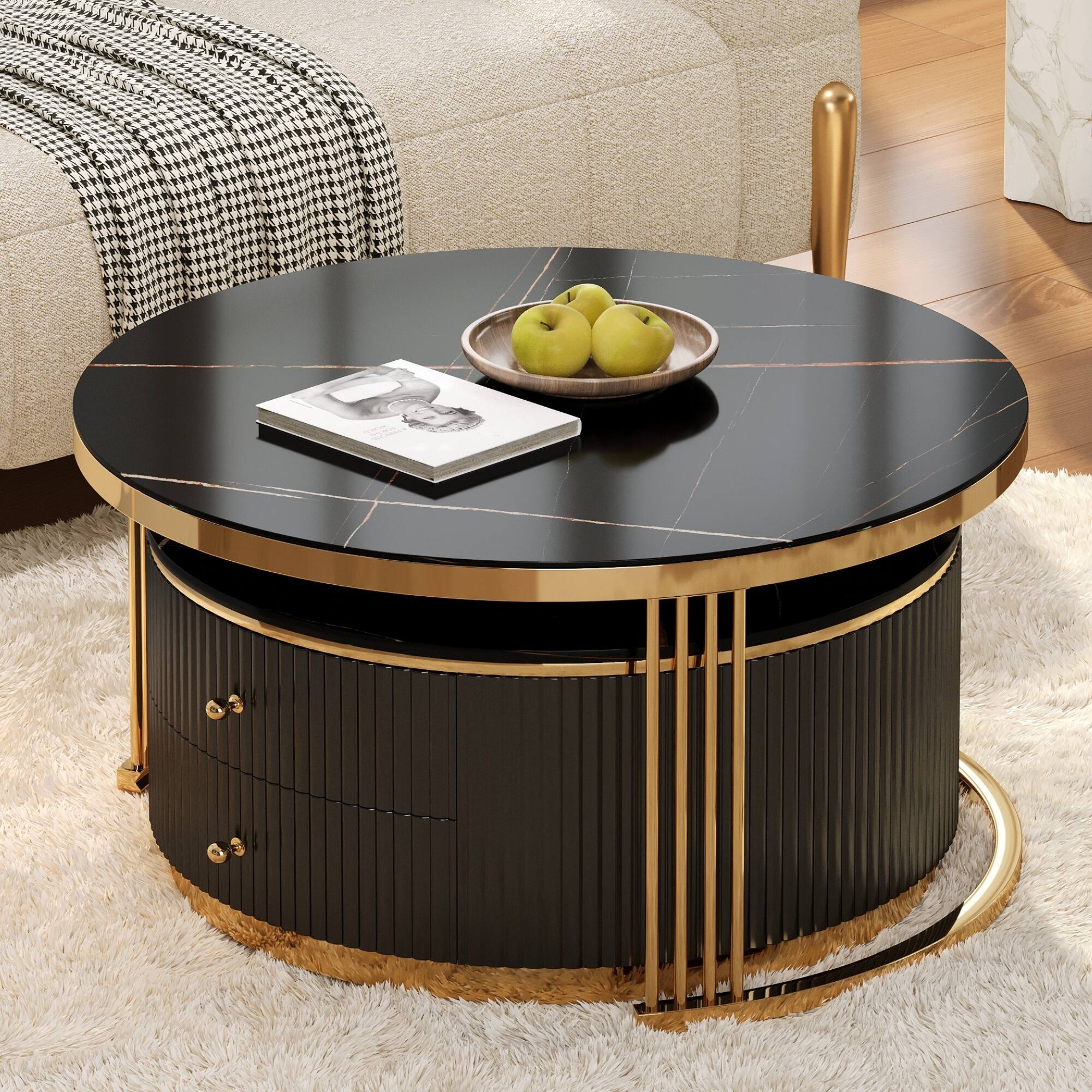 Alt View 2. Loheer - Modern 2-Piece Black Round Nesting Coffee Table with Drawers, Space-Saving Design & Hidden Storage, 27.6" - Black.