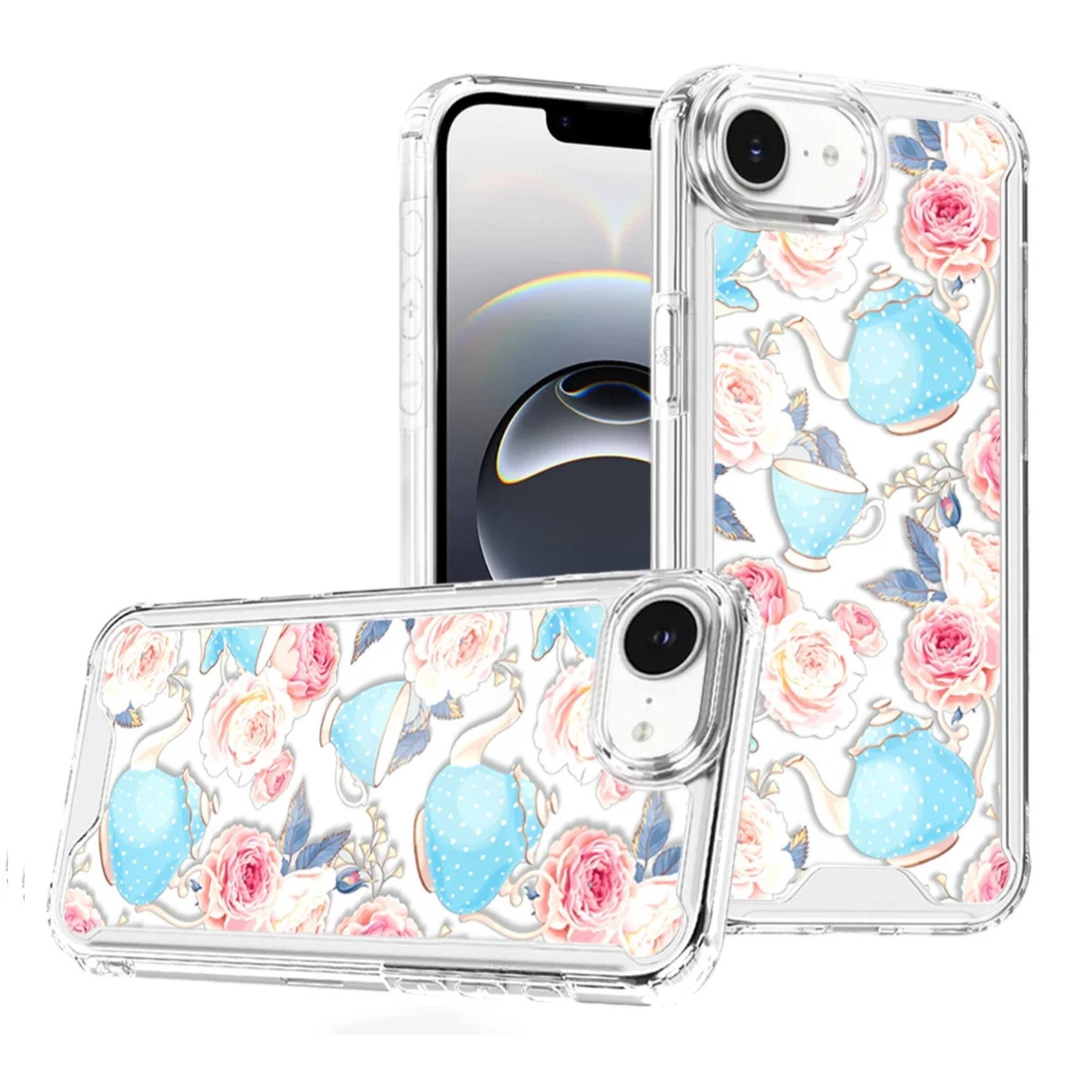 Angle. Kitcheniva - Cute Print Design Clear TPU Phone Case With Tempered Glass For iPhone 16e 17e Pink Roses - White.