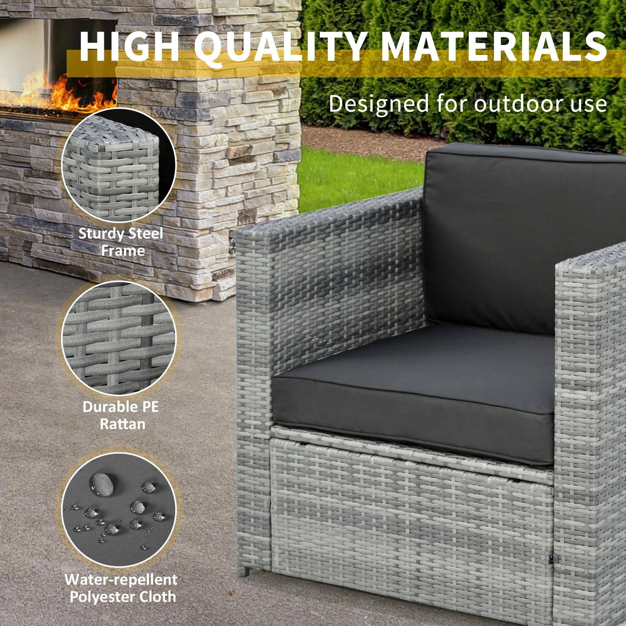 HIGH QUALITY MATERIALS  
Designed for outdoor use  

- Sturdy Steel Frame  
- Durable PE Rattan  
- Water-repellent Polyester Cloth