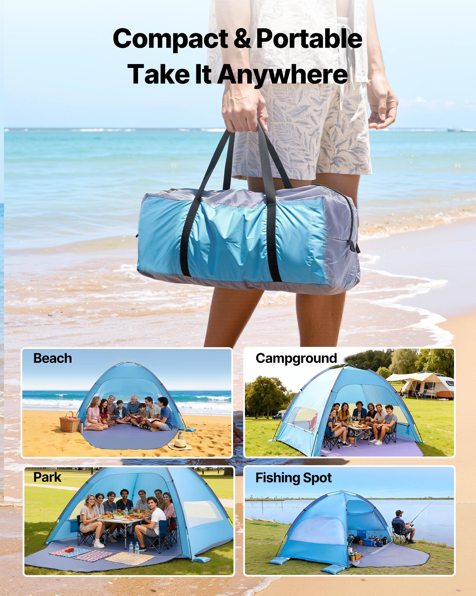 Compact & Portable  
Take It Anywhere  

Beach  
Campground  
Park  
Fishing Spot