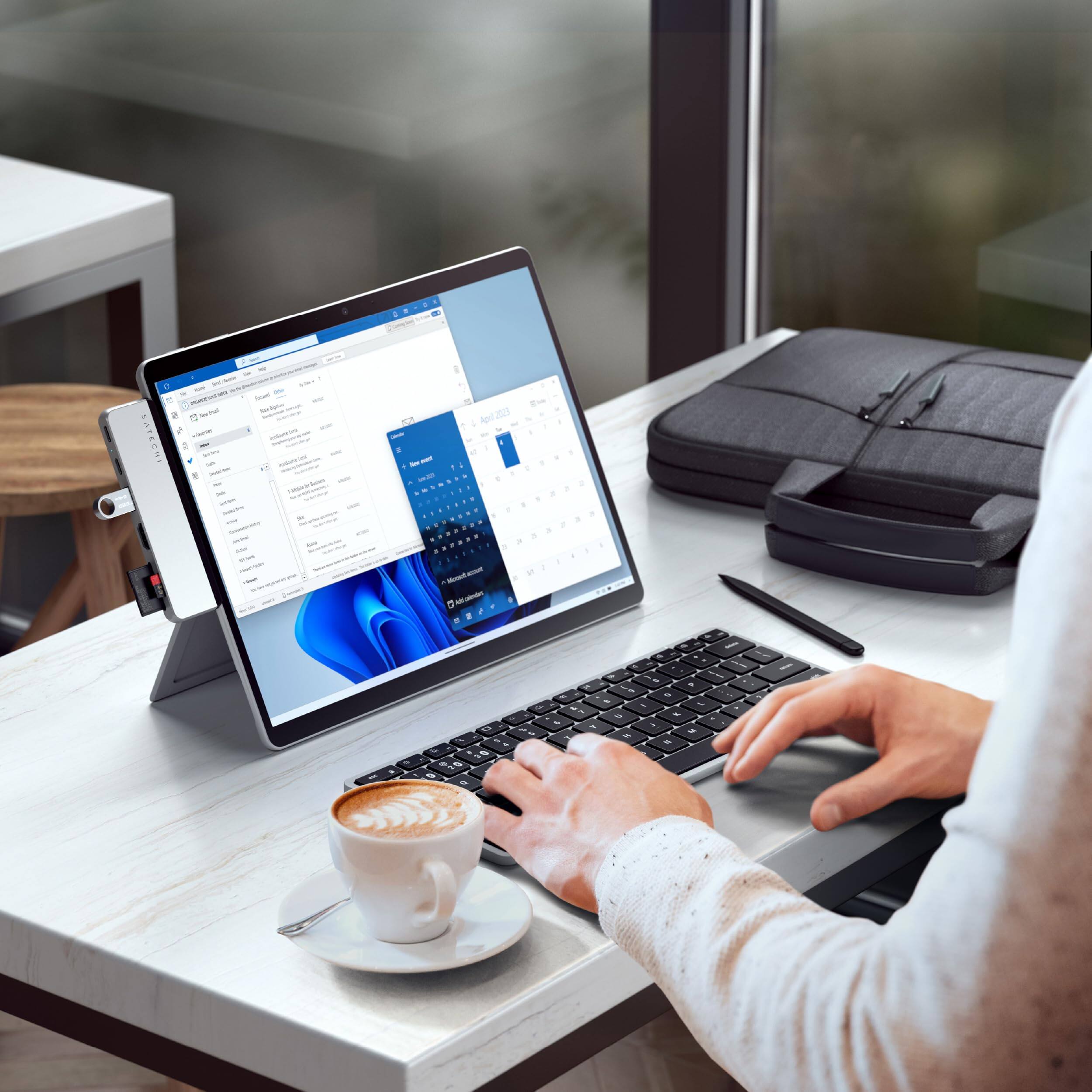 Alt View 2. Satechi - Dual USB-C Hub for Surface Pro 11/10/9 - 4K 60Hz HDMI, USB4 Pass-Through, USB-A 3.2, SD/TF Card - Silver.