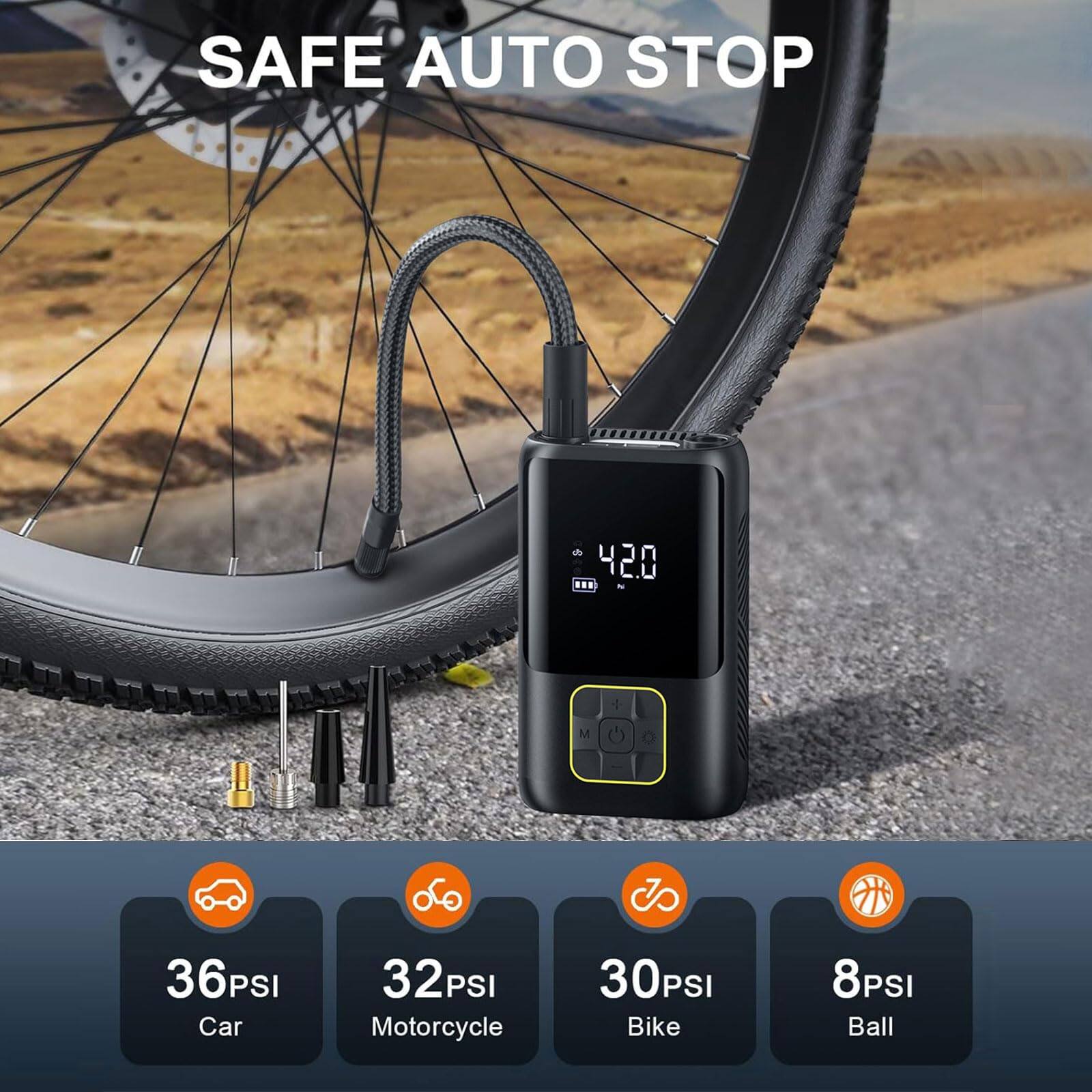 SAFE AUTO STOP

36PSI Car  
32PSI Motorcycle  
30PSI Bike  
8PSI Ball