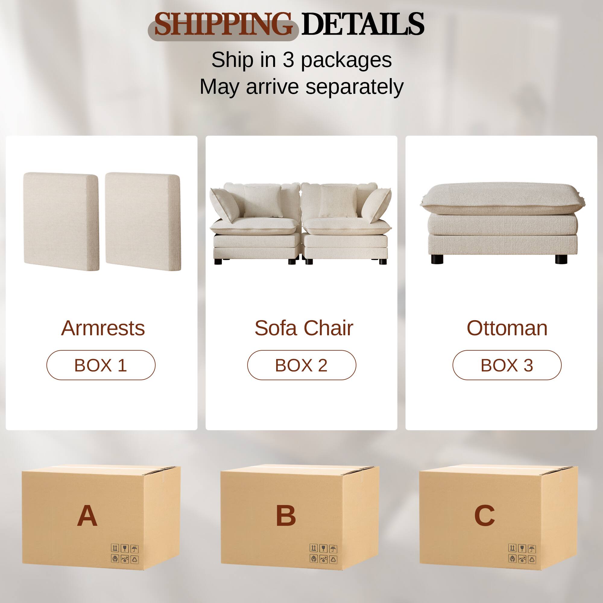 SHIPPING DETAILS
Ship in 3 packages
May arrive separately
Armrests
Sofa Chair
Ottoman
BOX 1
BOX 2
BOX 3
A
B
C