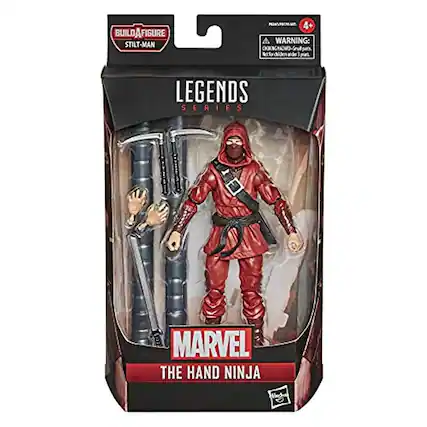 Sure, here is the corrected and grouped text from the image:
---
**BUILD A FIGURE**
**STILT-MAN**
**LEGENDS SERIES**
**MARVEL**
**THE HAND NINJA**
**WARNING:**
**CHOKING HAZARD - Small parts.**
**Not for children under 3 years.**
**4+**
---