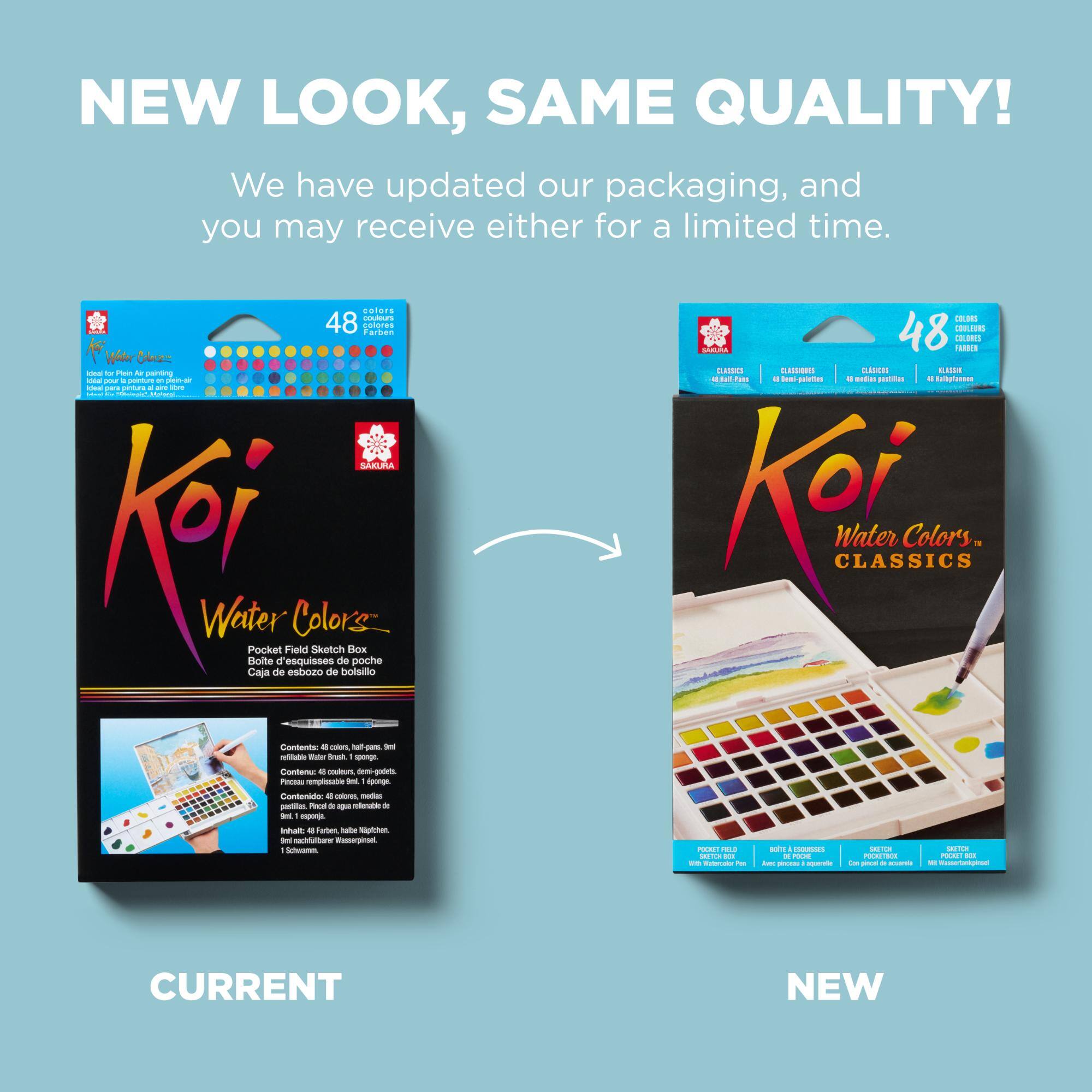 NEW LOOK, SAME QUALITY! We have updated our packaging, and you may receive either for a limited time.

colors couleurs 48 colores Farben Ederza deal or Plein Ar painting des pour a peinture P plain- or deal para pintura a an are  or SAKURA Ketter Water Pocket Caja Boite de d'esquisses Field esbozo Colors Sketch de de bolsillo Box poche Contents: 41 colors, hall-pans. 9ml refillable Water Brush sponge. Contenu: 43 couleurs, demi-godets. Pincessa rampflecable 9mL pange. Contenido: 48 calores, medias pastillas. Pincel de agua rellenable de text 1 esponja. Inhalt 4 Farben, halbe Naptchen. Sed nachfulbare Wasserpinsed. 15chwomm.

COLORS 48 COULEURS COLORES  FARBEN CLASSICS CLASSIONES CLSICOS RASSIC AL Ball Pass a Deni palettes E medias pastillas 2 Kallopfannon Keis CLASSICS Water Colors... POCKET FELD B