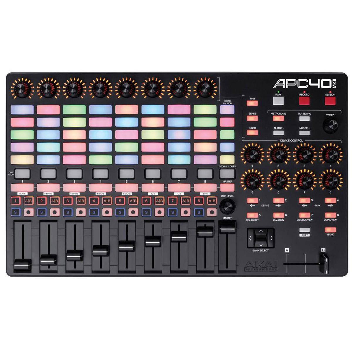 APC40 MKII

- PLAY
- RECORD
- SESSION
- STOP ALL CLIPS

- PAN
- SENDS
- USER
- METRONOME
- TAP TEMPO
- TEMPO

- DEVICE CONTROL
- MASTER
- CUE LEVEL
- BANK SELECT

- 1 A/B
- 2 A/B
- 3 A/B
- 4 A/B
- 5 A/B
- 6 A/B
- 7 A/B
- 8 A/B

- S
- S
- S
- S
- S
- S
- S
- S

- MASTER
- DEVICE ON/OFF
- DEVICE LOCK
- CUE/VIEW
- DEVICE VIEW
- BANK

- SHIFT
- BANK SELECT
- A
- B

- AKAIDI PROFESSIONAL