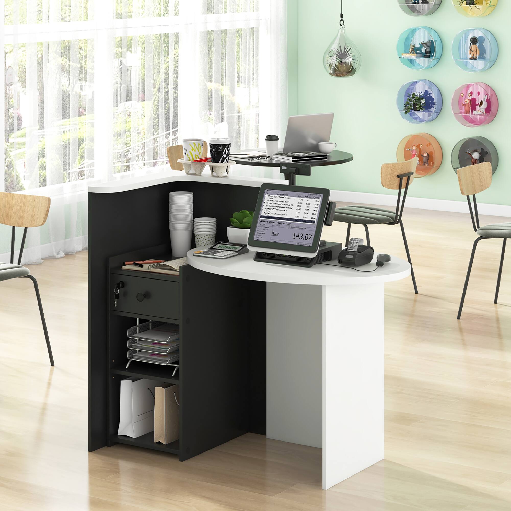 Alt View 3. Gymax - Gymax Front Reception Counter Desk Checkout Office Desk w/ Open Shelf & Lockable Drawer - Black, White.