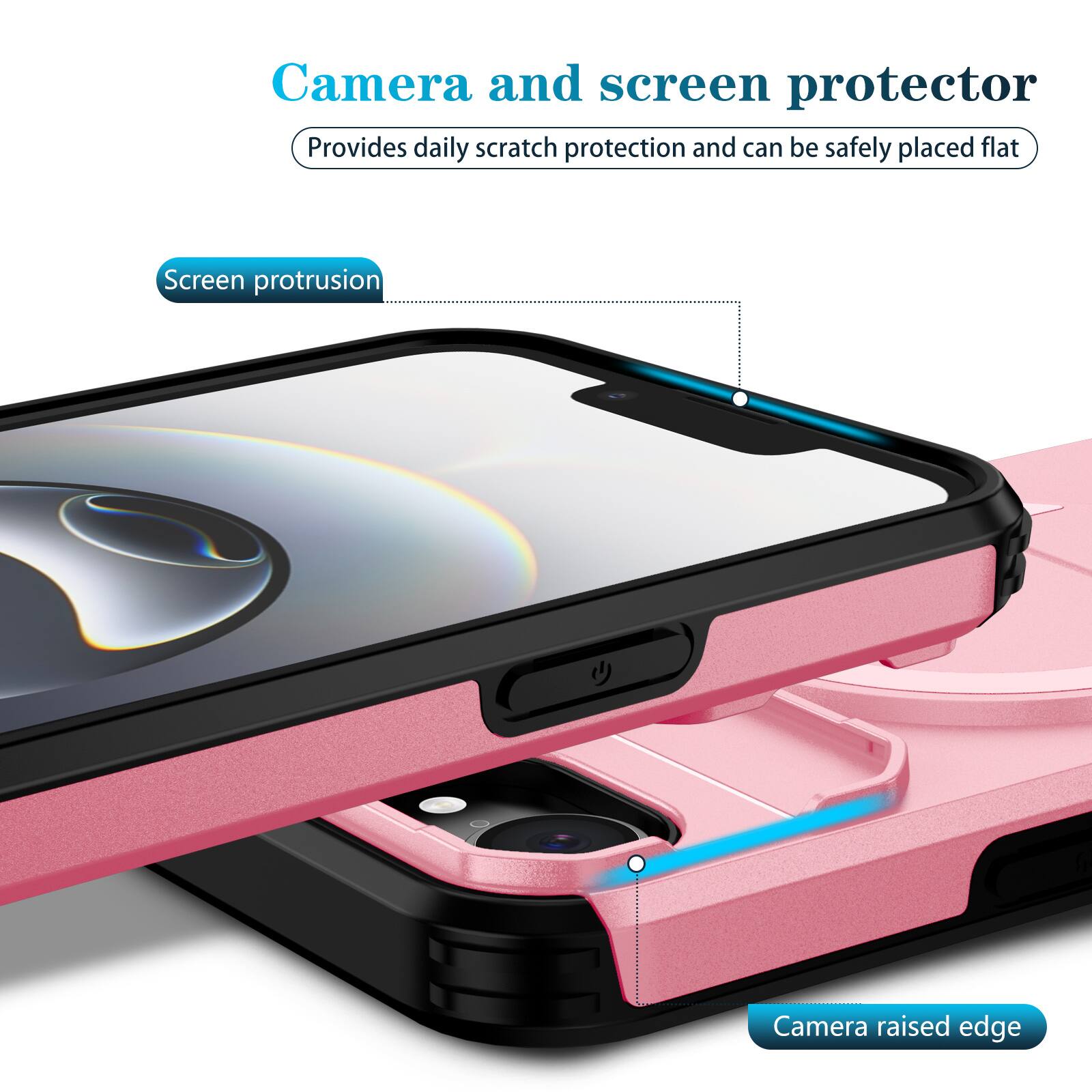 Camera and screen protector  
Provides daily scratch protection and can be safely placed flat  

Screen protrusion  
Camera raised edge