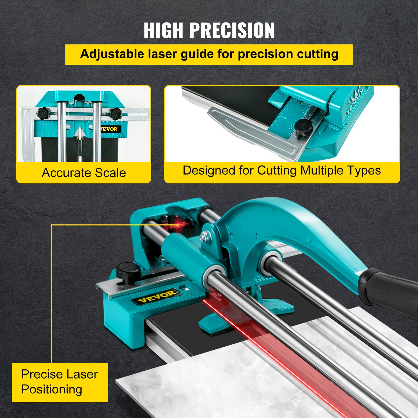 HIGH PRECISION  
Adjustable laser guide for precision cutting  
Accurate Scale  
Designed for Cutting Multiple Types  
Precise Laser Positioning