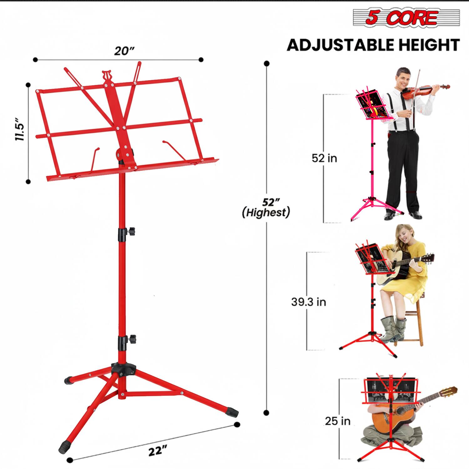 5 CORE  
ADJUSTABLE HEIGHT  

20"  
11.5"  
52" (Highest)  
39.3 in  
25 in  
22"