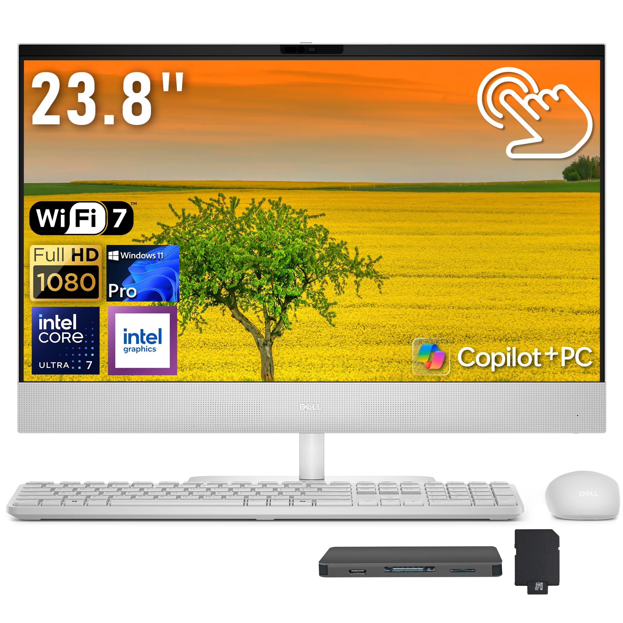 Dell - Upgraded - 23.8" FHD Touch All-in-One Desktop,Intel Ultra 7 355,64GB RAM,2TB SSD+1TB Dock Set,Intel Graphics,Win 11 Pro - White