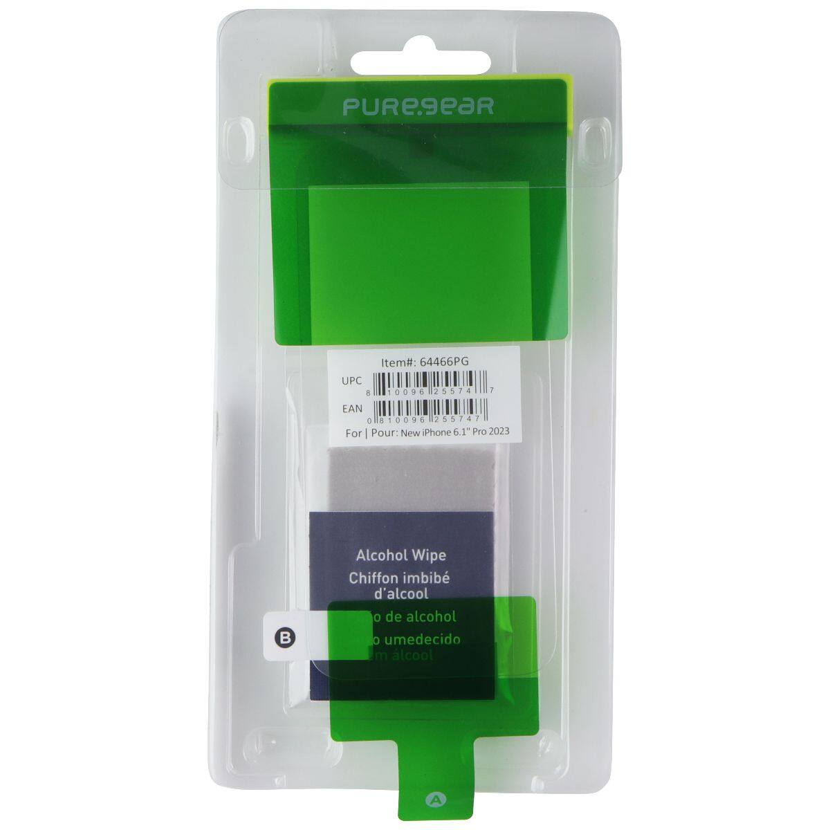 PURE9eaR  
UPC 1 Item#: 64466PG  
10096 25574  
EAN 10096 C 25574 1  
For | Pour: New Phone 6.1 Pro 2023  
Alcohol Wipe  
Chiffon imbibé d'alcool  
o de alcohol  
o umedecido