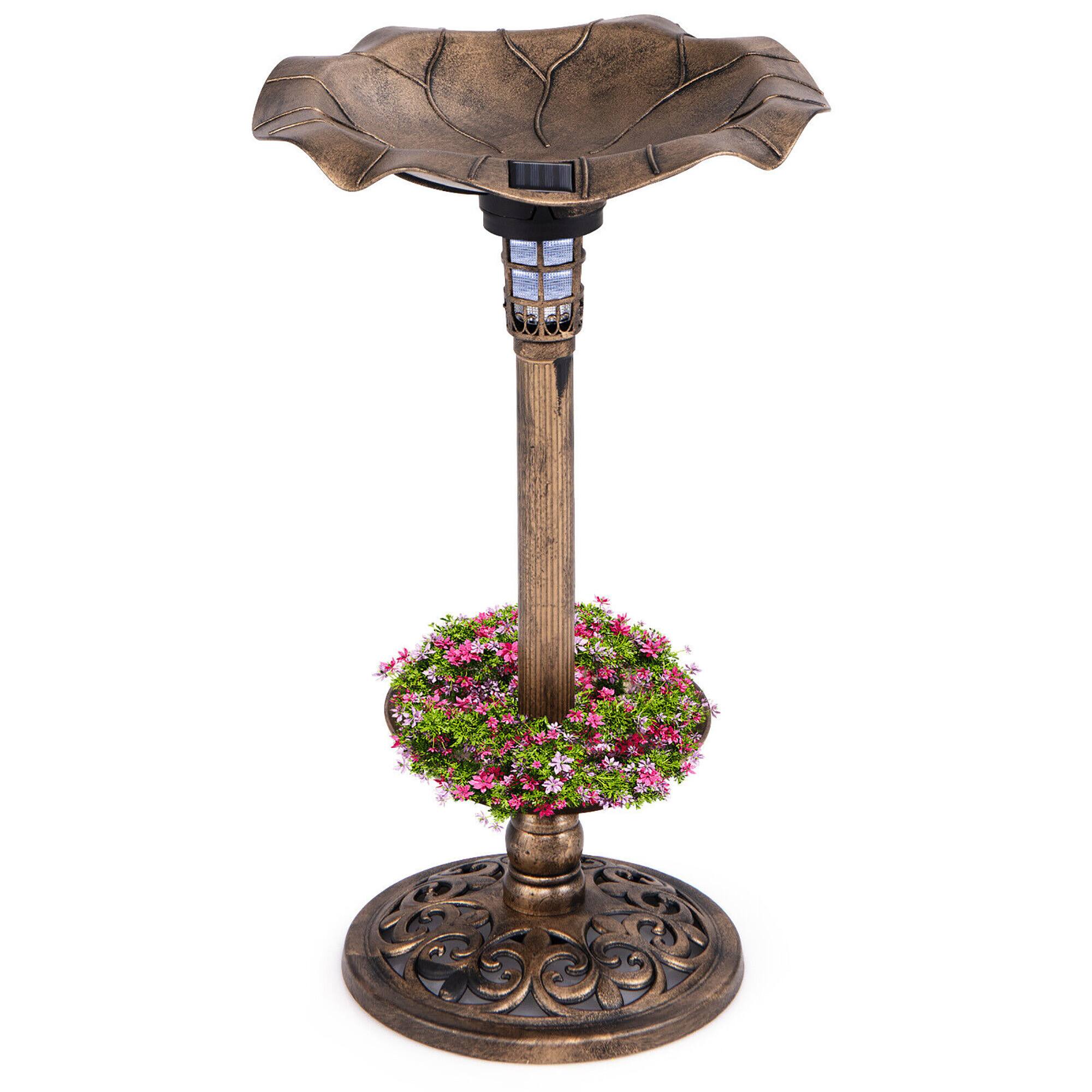 Front. Gymax - Gymax Solar Bird Bath Standing Pedestal Birdbath & Feeder Combo w/ Lotus Leaf Bowl Antique Bronze - Antique Bronze.