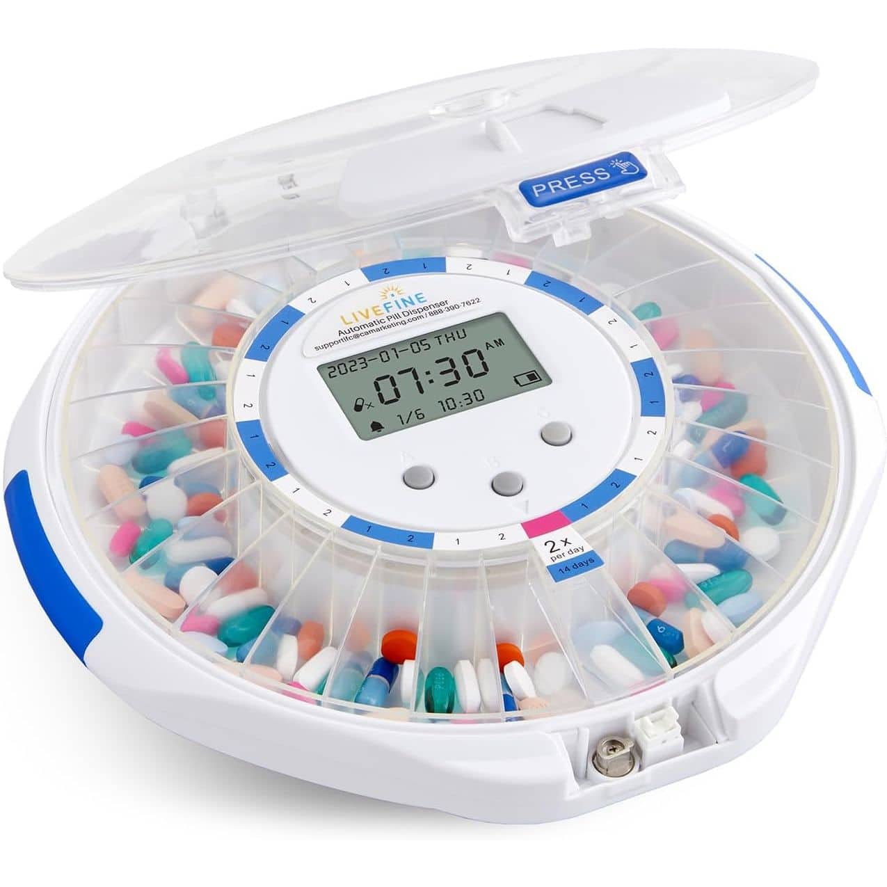 LiveFine - Automatic Pill Dispenser 28-Day Organizer with 6 Dosage Rings LCD Alerts Key & Magnifier - White