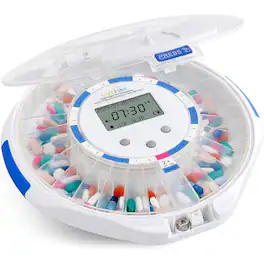 LiveFine - Automatic Pill Dispenser 28-Day Organizer with 6 Dosage Rings LCD Alerts Key & Magnifier - White