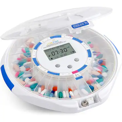 PRESS 12 : ~ - : c I ~ 122 LIVEFINE P r UmL 8-300 Automatic Pill Dispenser SUMSRIT THU AM 2023-01-05 07:30 0x x 10:30 1/6 & I 2 - 2 1 2 1 2x x day 14 ays 2 :