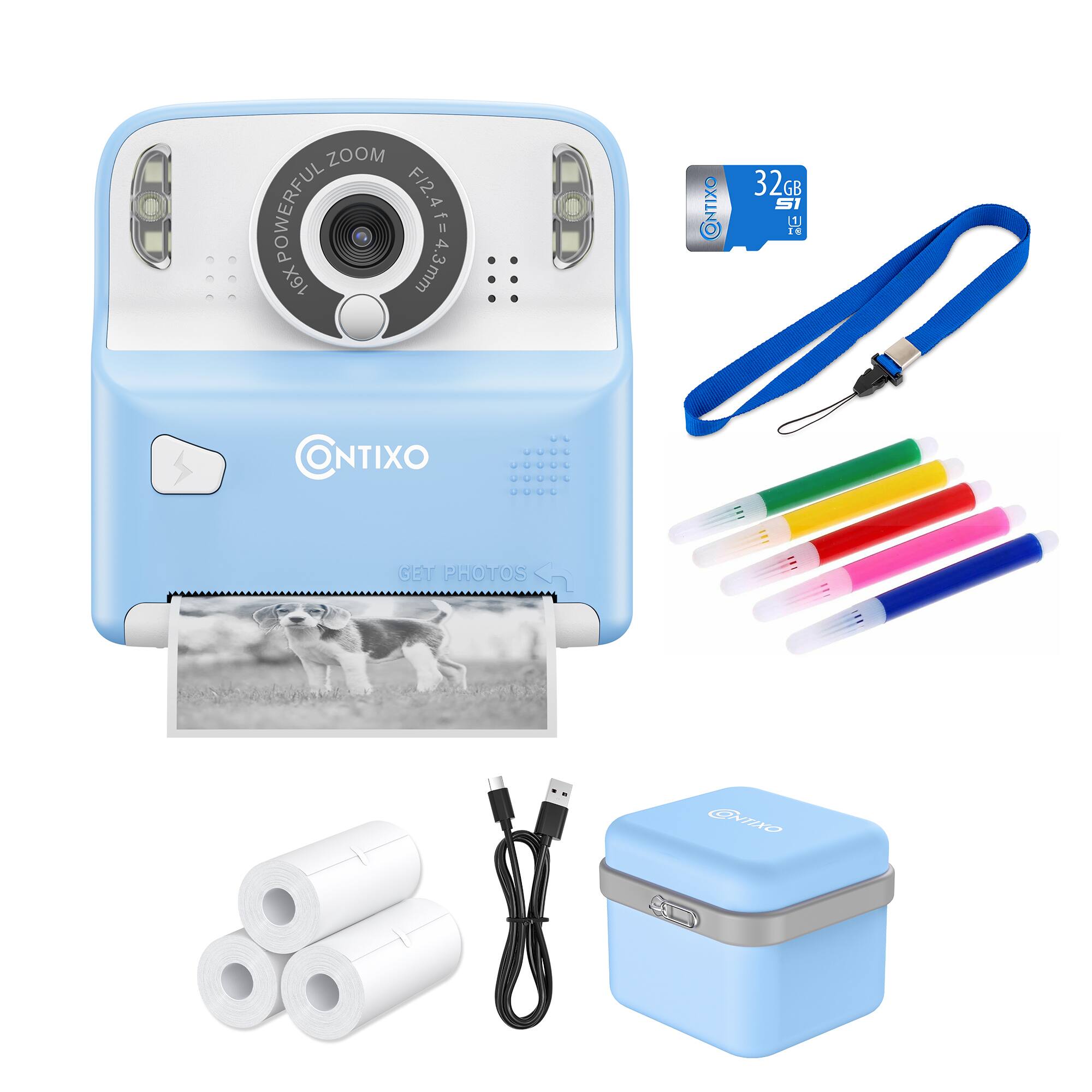 The image features a blue Contixo camera with a zoom lens, along with a variety of accessories. There are several rolls of film, a lanyard, and a case for the camera. Additionally, there are pens and markers, which can be used for labeling or organizing the photos. The camera is accompanied by a memory card, which is essential for storing digital images. Overall, the image showcases a comprehensive set of tools for capturing and organizing photos with the Contixo camera.