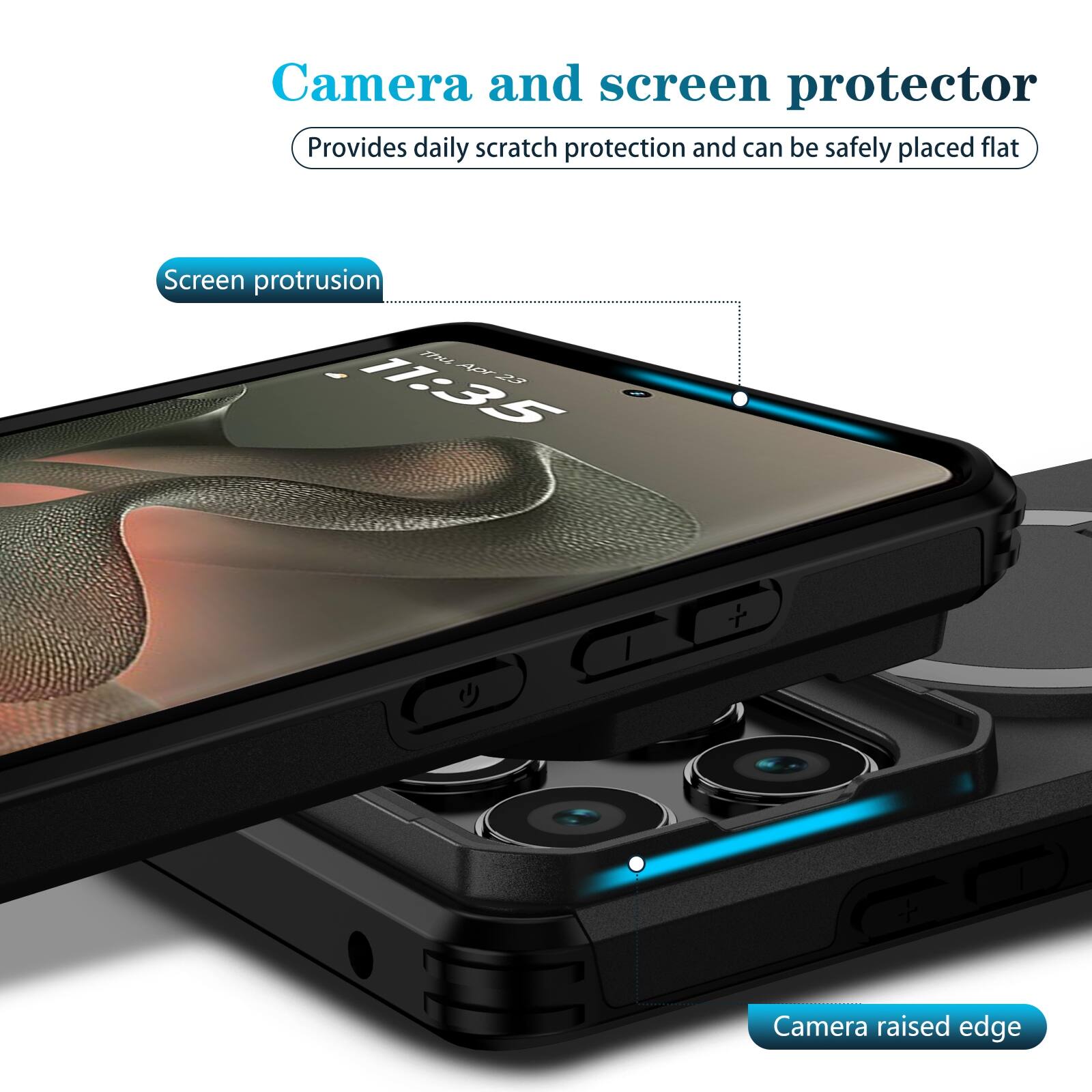 Camera and screen protector  
Provides daily scratch protection and can be safely placed flat  

Screen protrusion  
FAMA 42 A 11:35  

Camera raised edge