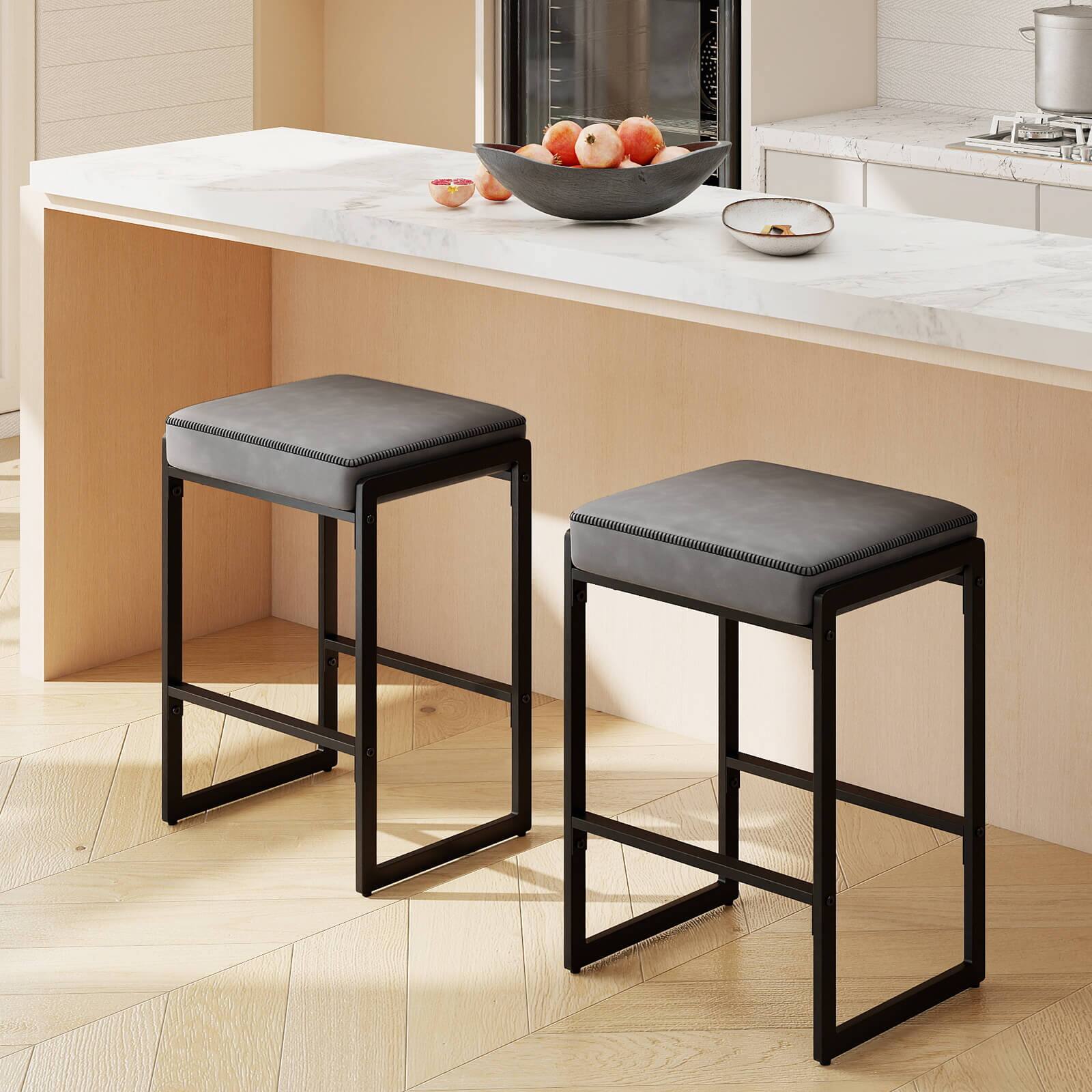Alt View 3. Costway - Costway 26" Bar Stools Set of 2 with Faux Leather Upholstered Seat, Metal Legs, Footrests - Gray + Black.