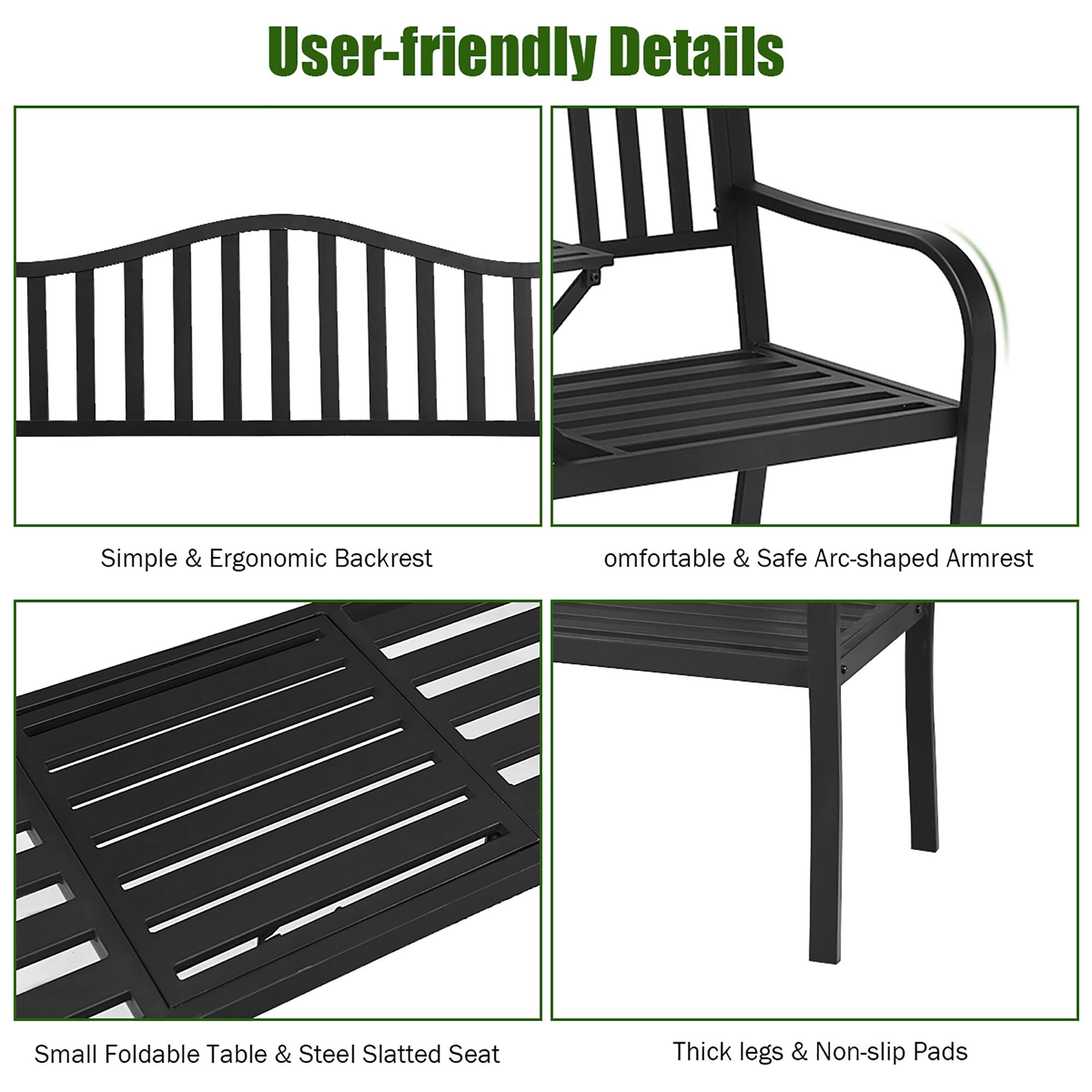 User-friendly Details

- Simple & Ergonomic Backrest
- Comfortable & Safe Arc-shaped Armrest
- Small Foldable Table & Steel Slatted Seat
- Thick legs & Non-slip Pads