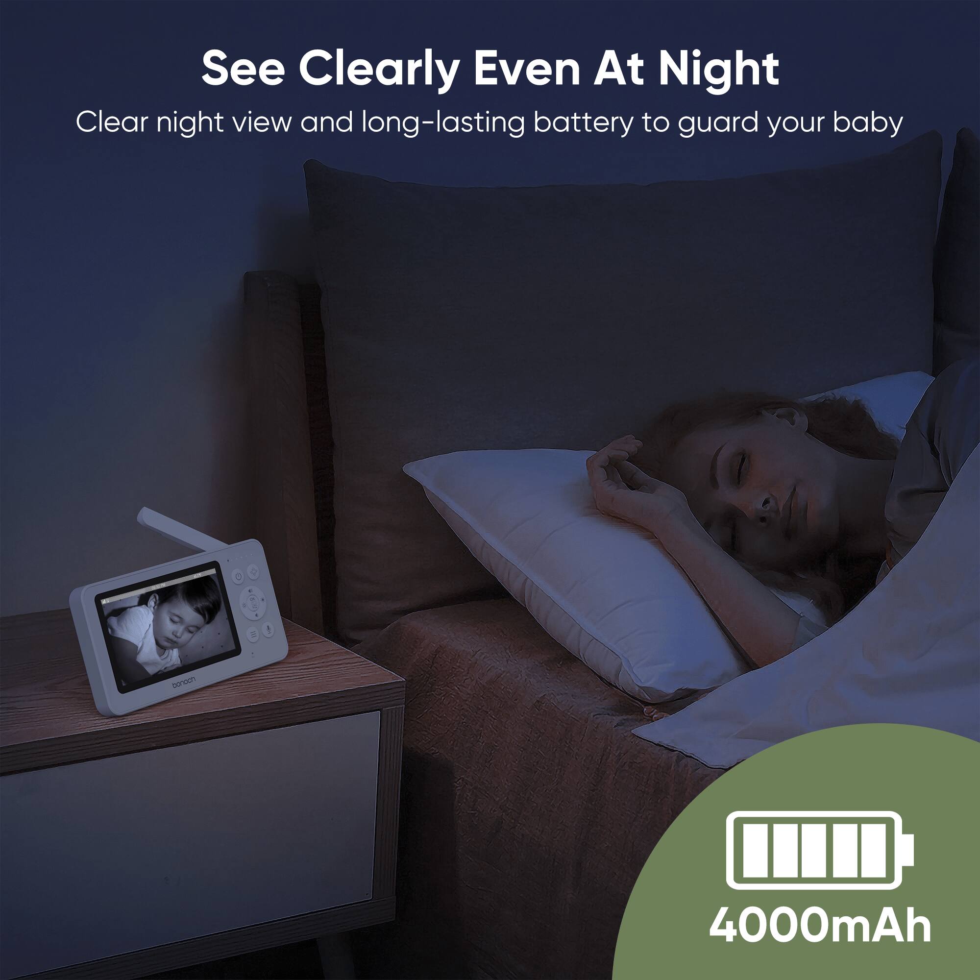 See Clearly Even At Night

Clear night view and long-lasting battery to guard your baby

4000mAh