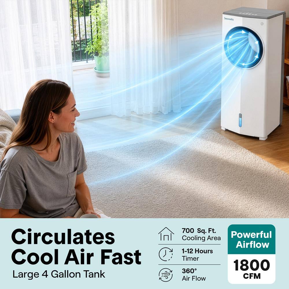 Serunolic Circulates Cool Air Fast Large 4 Gallon Tank 700 Sq. Ft. Area Powerful Cooling Airflow 1-12 Hours Timer 360 1800 Air Flow CFM