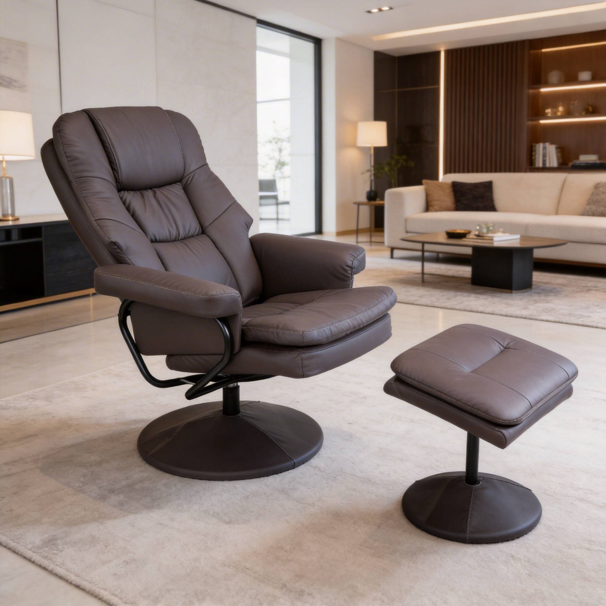 Front. Anysun - Upholstered Swivel Cat Scratch Leather Recliner with Ottoman – Modern Armchair, Ergonomic Push Manual Reclining Footrest - Brown.