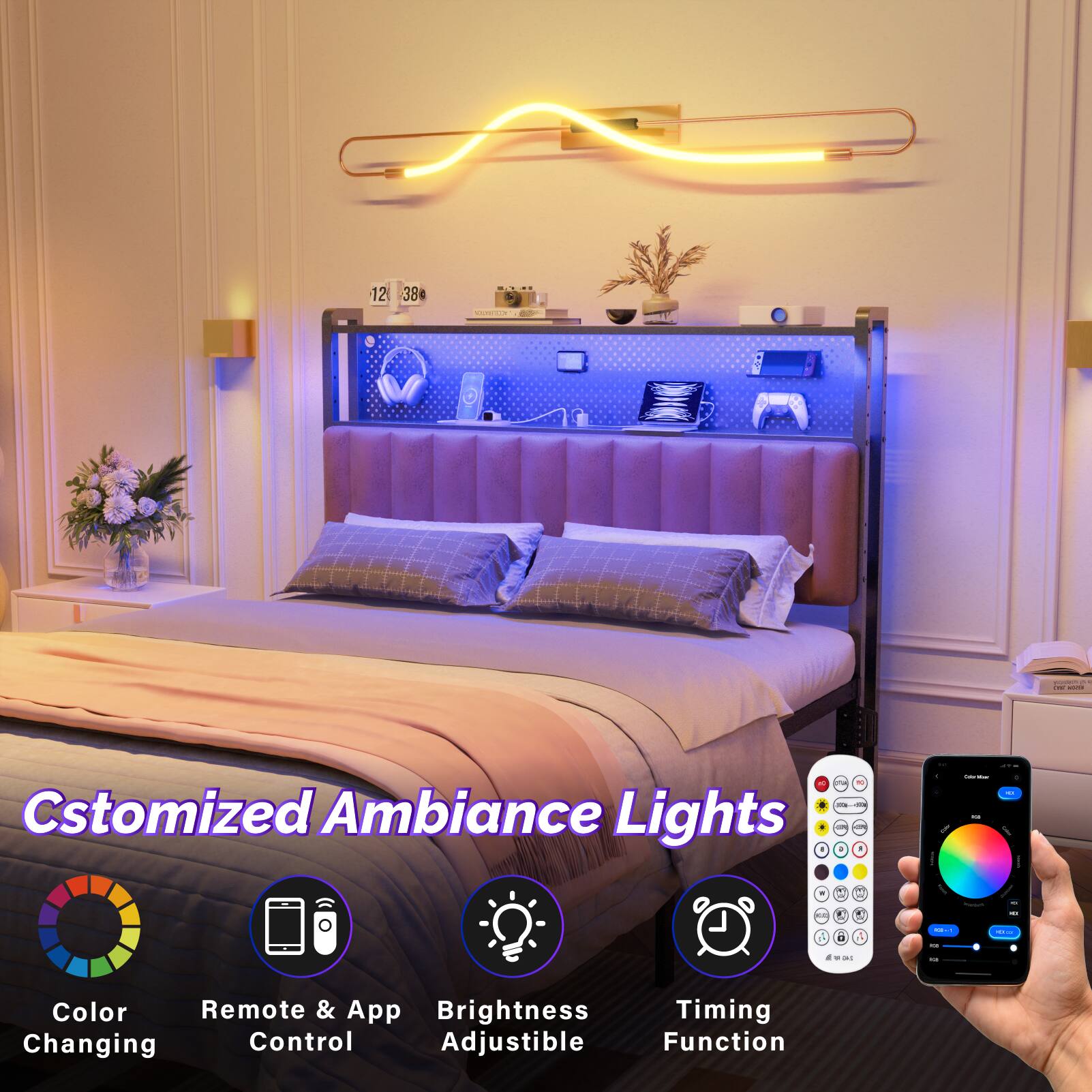 12 380 CCCN M: Customized Ambiance Lights - Color Remote & App Brightness Timing Changing Control Adjustable Function