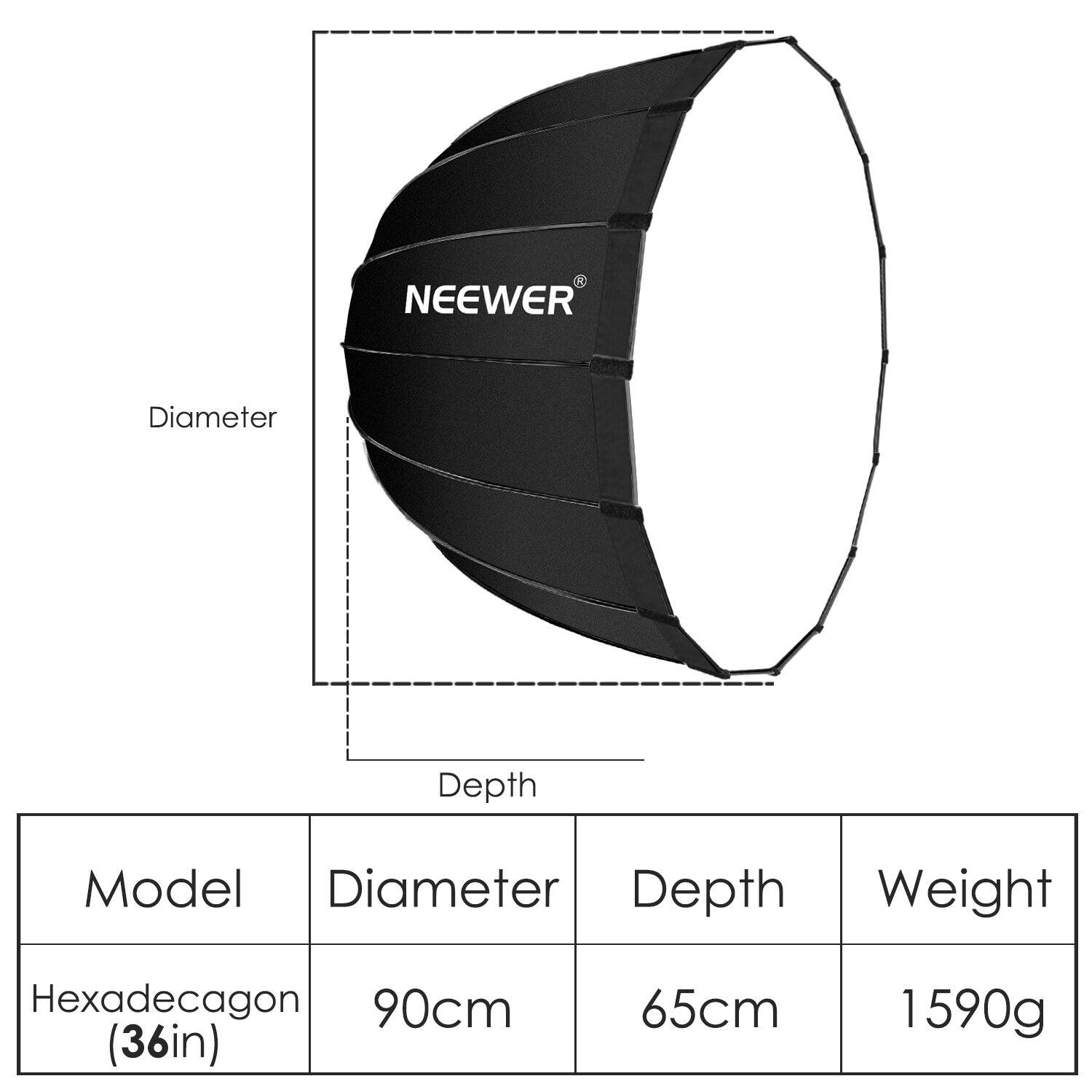 A NEEWER Diameter Depth Model Diameter Depth Weight Hexadecagon 90cm (36in) 65cm 1590g