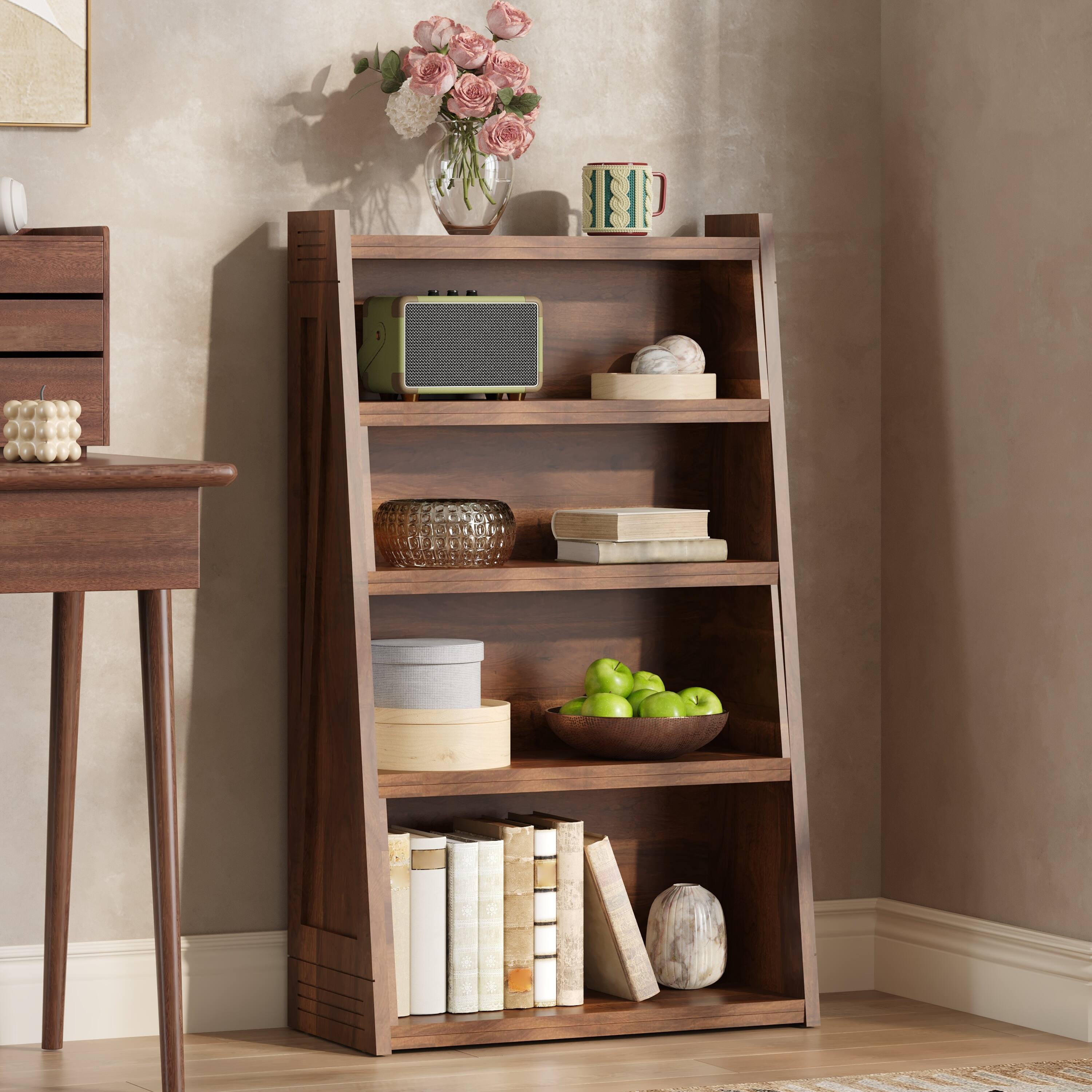 Back. Z-Edge - Wooden Expandable Bookshelf Storage Rack, 4-Tier L-Shaped Adjustable 2-Piece Bookcase, Extendable up to 47" for Corner - Brown.