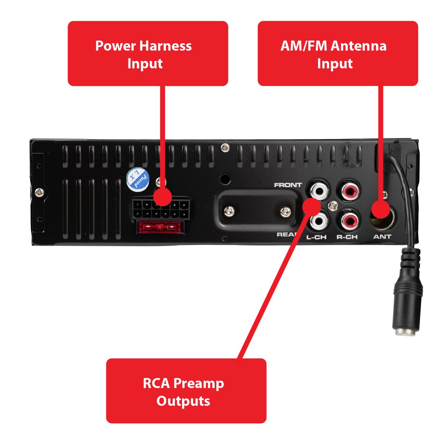 Power Harness Input  
AM/FM Antenna Input  
RCA Preamp Outputs