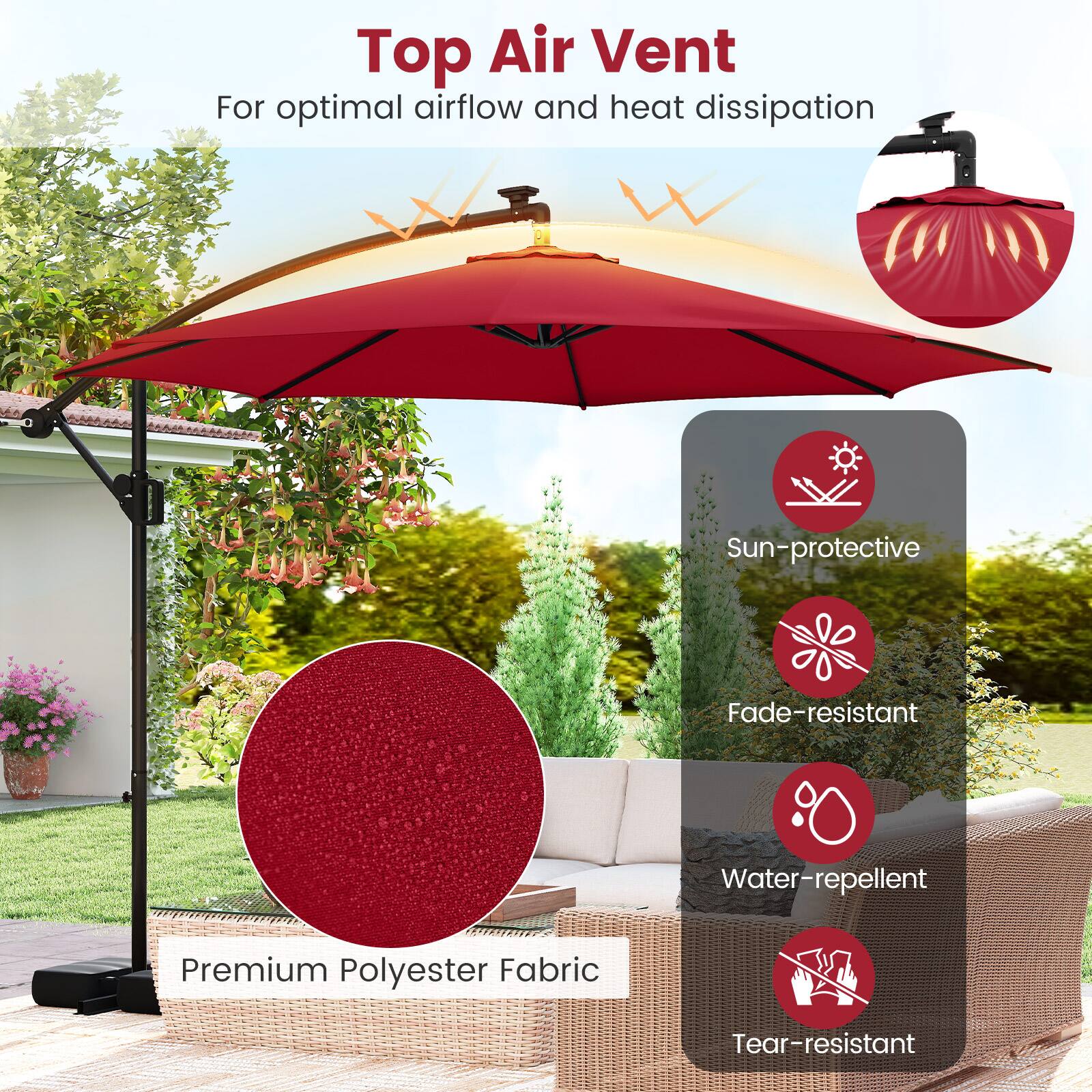 Top Air Vent  
For optimal airflow and heat dissipation  

Sun-protective  
Fade-resistant  
Water-repellent  
Premium Polyester Fabric  
Tear-resistant