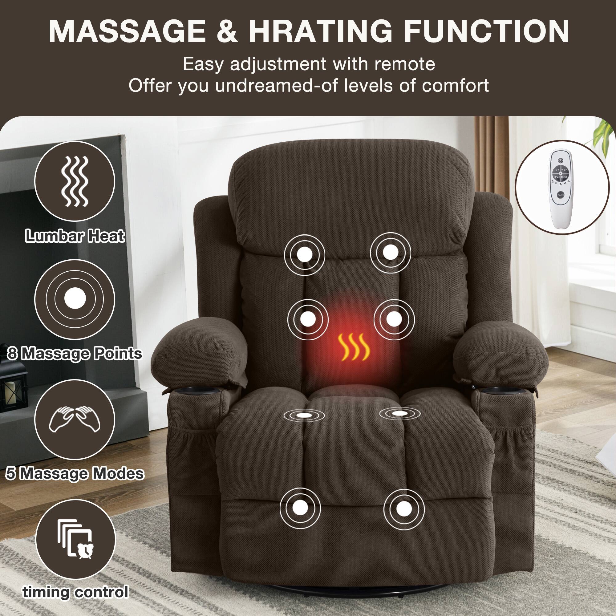 MASSAGE & HRATING FUNCTION  
Easy adjustment with remote  
Offer you undreamed-of levels of comfort  

- Lumbar Heat  
- 8 Massage Points  
- 5 Massage Modes  
- timing control