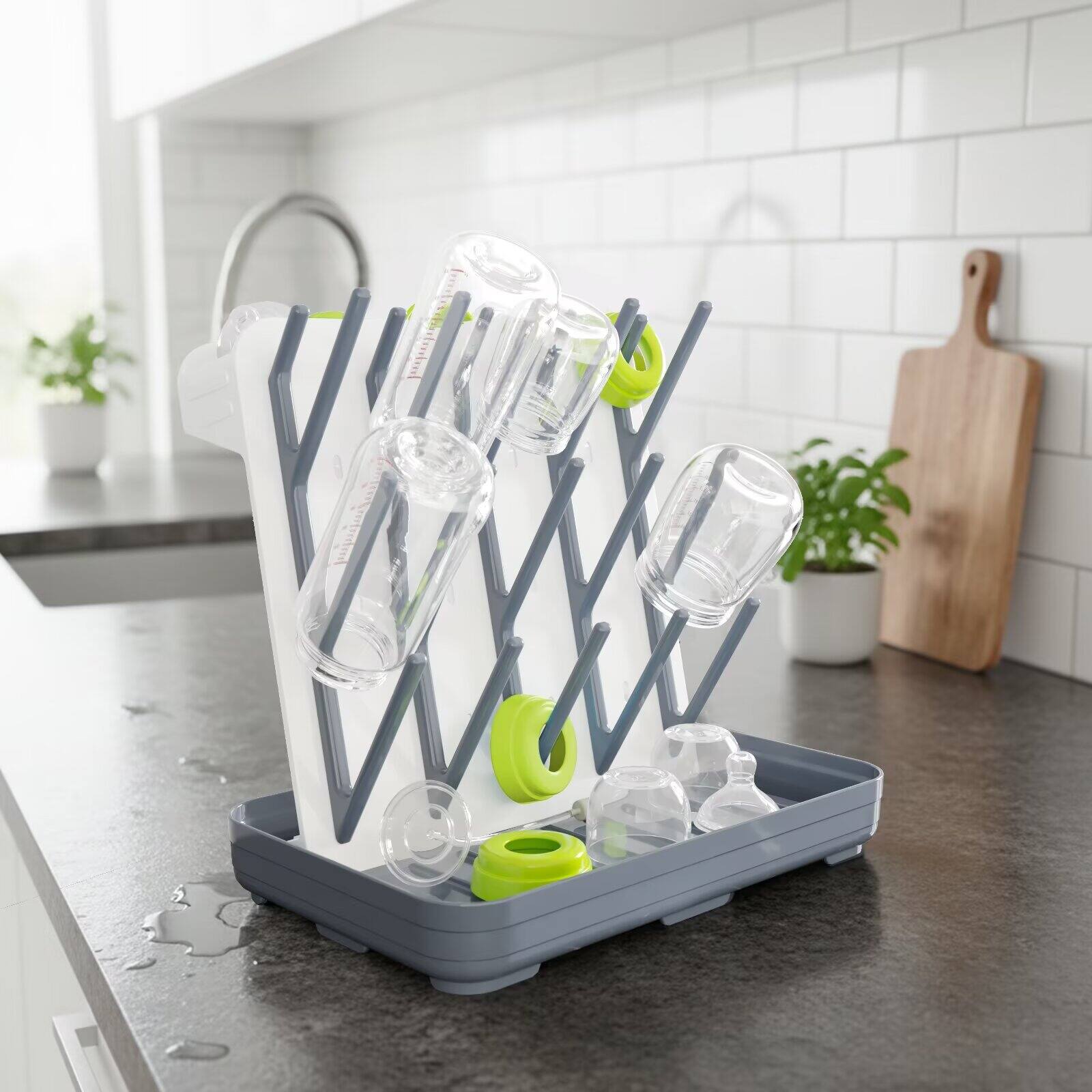 Angle. Tooloton - Bottle Drying Rack with 20 Hooks, Vertical Space Saving Countertop Bottle Holder Organizer, Gray - Grey.