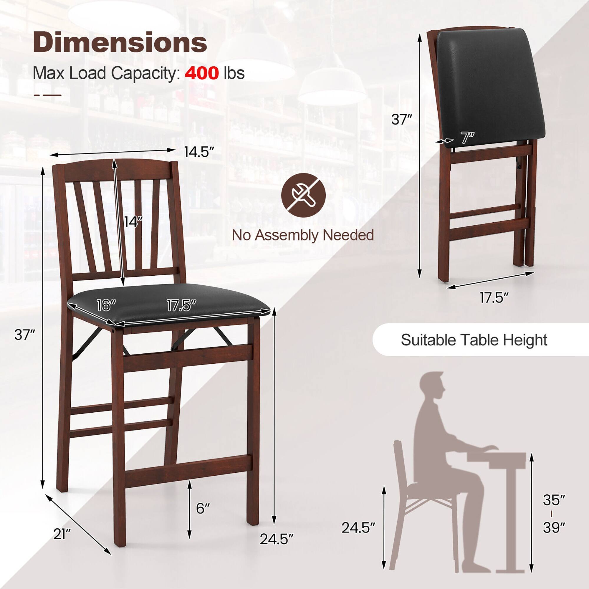 Dimensions  
Max Load Capacity: 400 lbs  

- 37"  
- 14.5"  
- 14"  
- 16"  
- 17.5"  
- 24.5"  
- 21"  
- 6"  
- 24.5"  

No Assembly Needed  

Suitable Table Height  
- 35"  
- 39"
