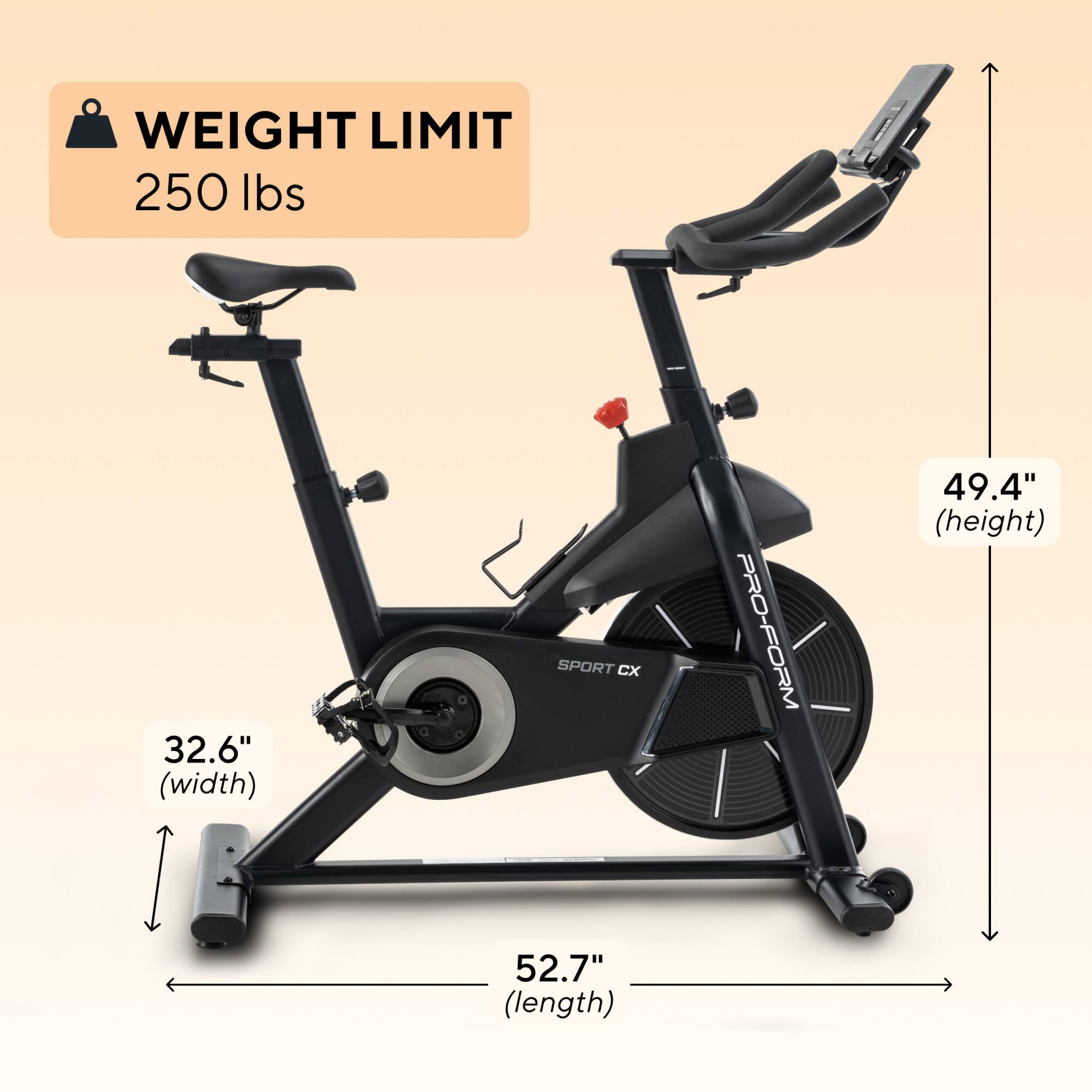 WEIGHT LIMIT: 250 lbs  
32.6" (width)  
49.4" (height)  
52.7" (length)  
SPORT CX PRO-FORM