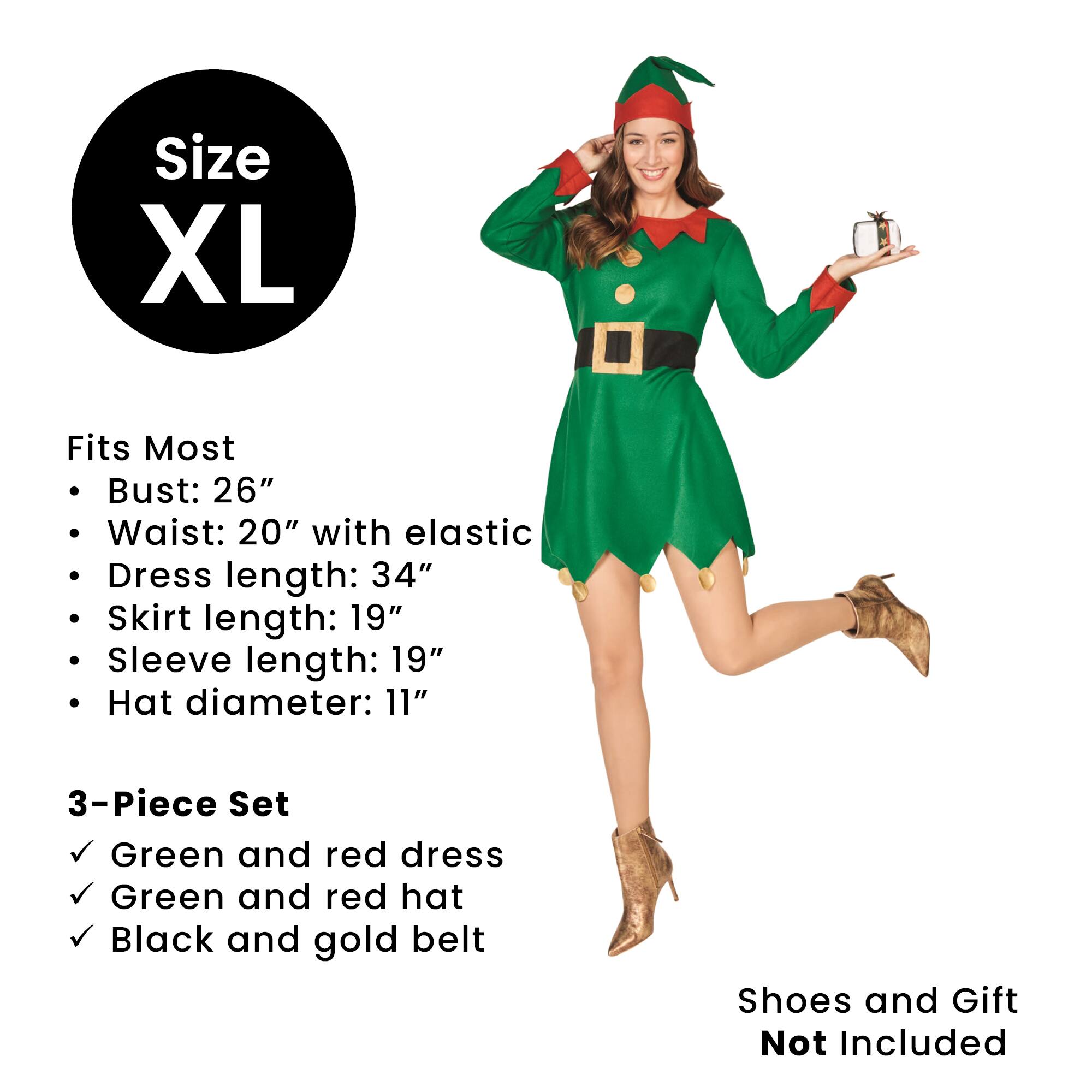 Size XL  
Fits Most  
- Bust: 26"  
- Waist: 20" with elastic  
- Dress length: 34"  
- Skirt length: 19"  
- Sleeve length: 19"  
- Hat diameter: 11"  

3-Piece Set  
- Green and red dress  
- Green and red hat  
- Black and gold belt  

Shoes and Gift Not Included